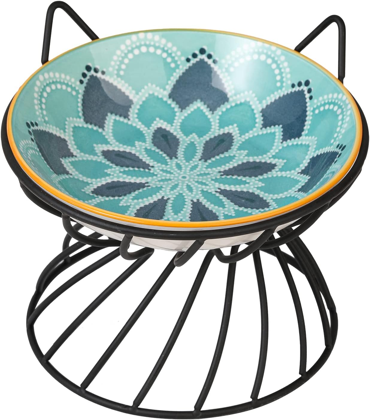 Raised Ceramic Cat Food Bowl - Elevated Cat Dish with anti Slip Stand - Wide Shallow Cat Bowl Whisker Friendly - Cute Cat Plate - Cat Feeding Bowls - Microwave and Dishwasher Safe - 8.5 Oz - 5.75 Inch