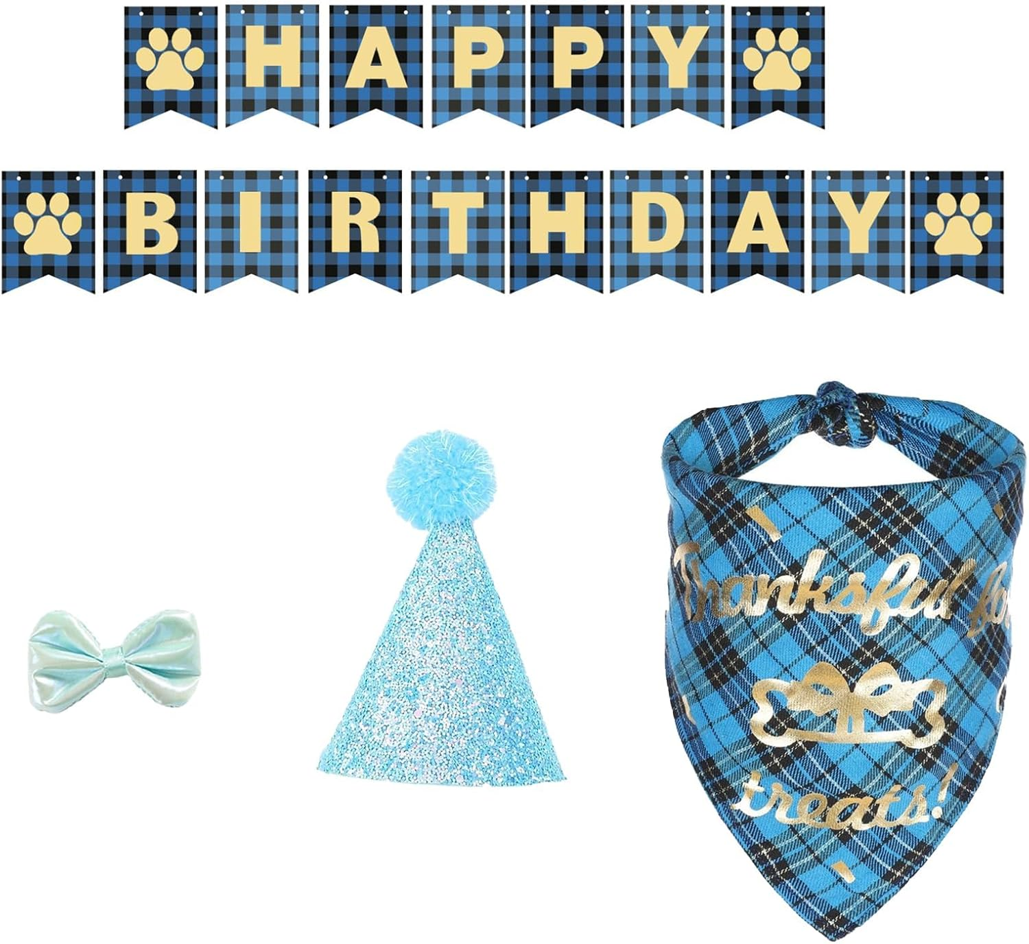 Dog Birthday Party Supplies, Dog Birthday Set Bandana Hat Banner Balloon Bowtie Triangle Scarf Cat Party Accessories Pet Boy/Girl Decoration Set (Blue) image number 2