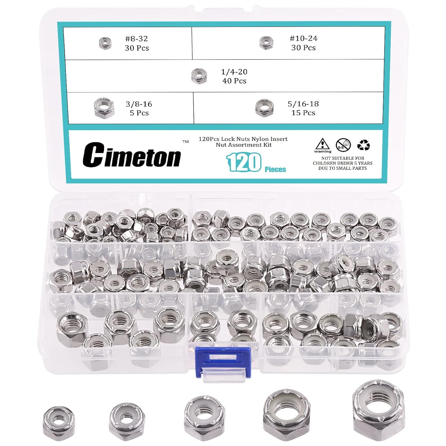 120Pcs 1/4-20 5/16-18 3/8-16 8-32 10-24 Hex Lock Nuts Nylon Inserted Hex Locknuts Fasteners 304 Stainless Steel Assortment Kit image number 1