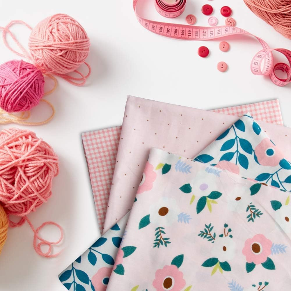 Kalolary 7PCS Pink Fat Quarters Fabric Bundles, Cotton Print Fabric with Green Leaf Red Fruit Gypsophila Strawberry White Flower for DIY Sewing Patterns Craft（19.6" X 15.7", Pink） image number 5