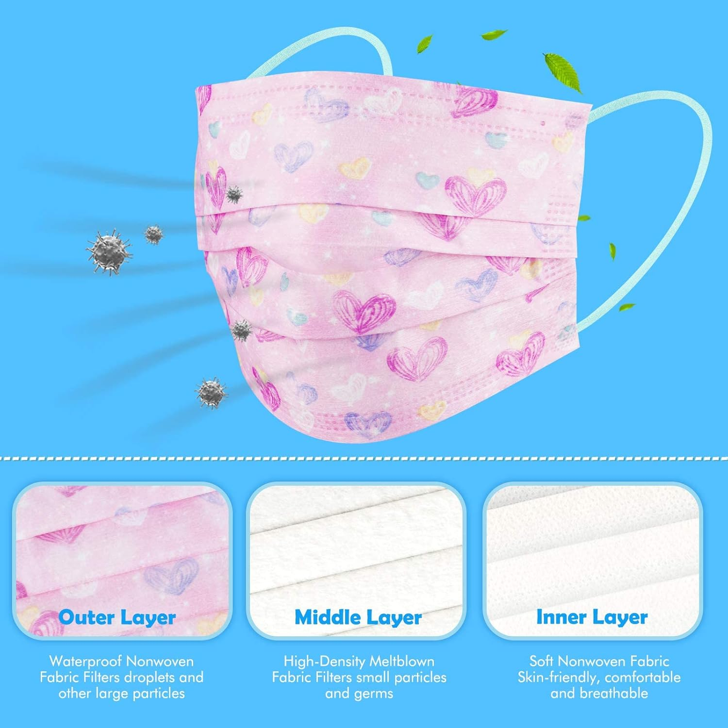 60PCS Kids' Disposable Protective Face Masks for Girls Fantasy Universe Magic Rainbow Mesh Princess Gradient Colors Star Heart Pattern Individually Wrapped Skin-Friendly 3-Layer Filter Comfortable Fit image number 3