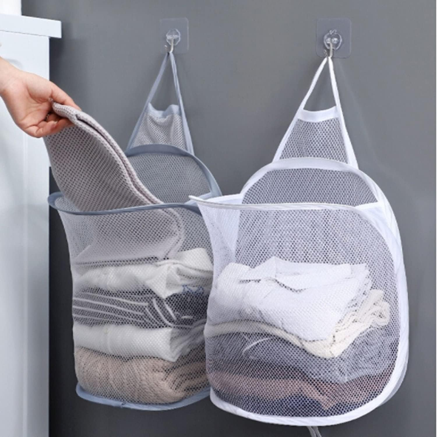 Yqkangzhu Hanging Laundry Hamper, Mesh Laundry Basket, Foldable Hamper with Carry Handle, Collapsible Dirty Clothes Hamper, Wall Mounted Storage Bag, Breathable Net Hampers for Laundry Room, Bathroom image number 4