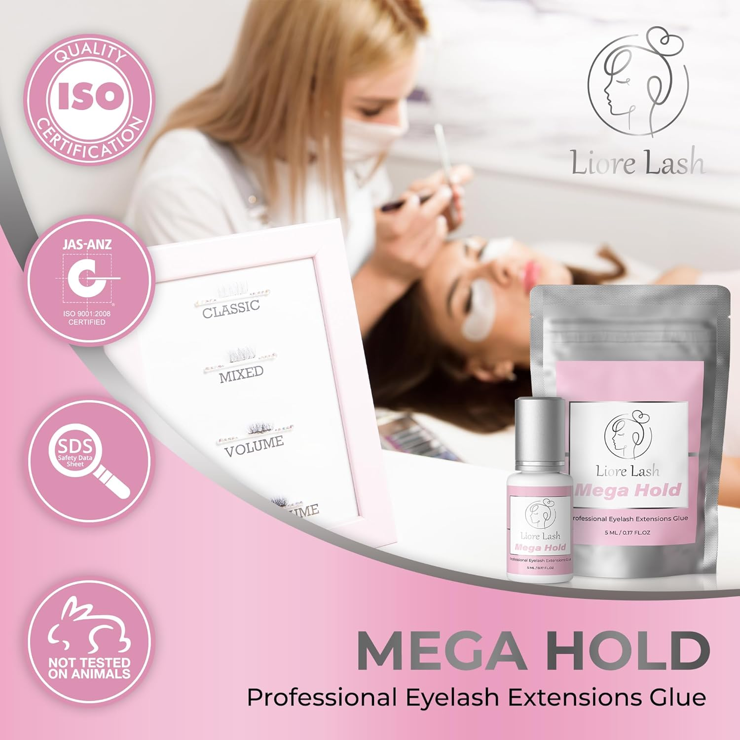 Mega Hold Eyelash Extension Glue Liore Lash / 1-2 Sec Dry/Retention - 7-8 Weeks/Black Adhesive/Professional Supplies for Classic/Volume Lashes (0.17Fl.Oz / 5Ml) image number 3