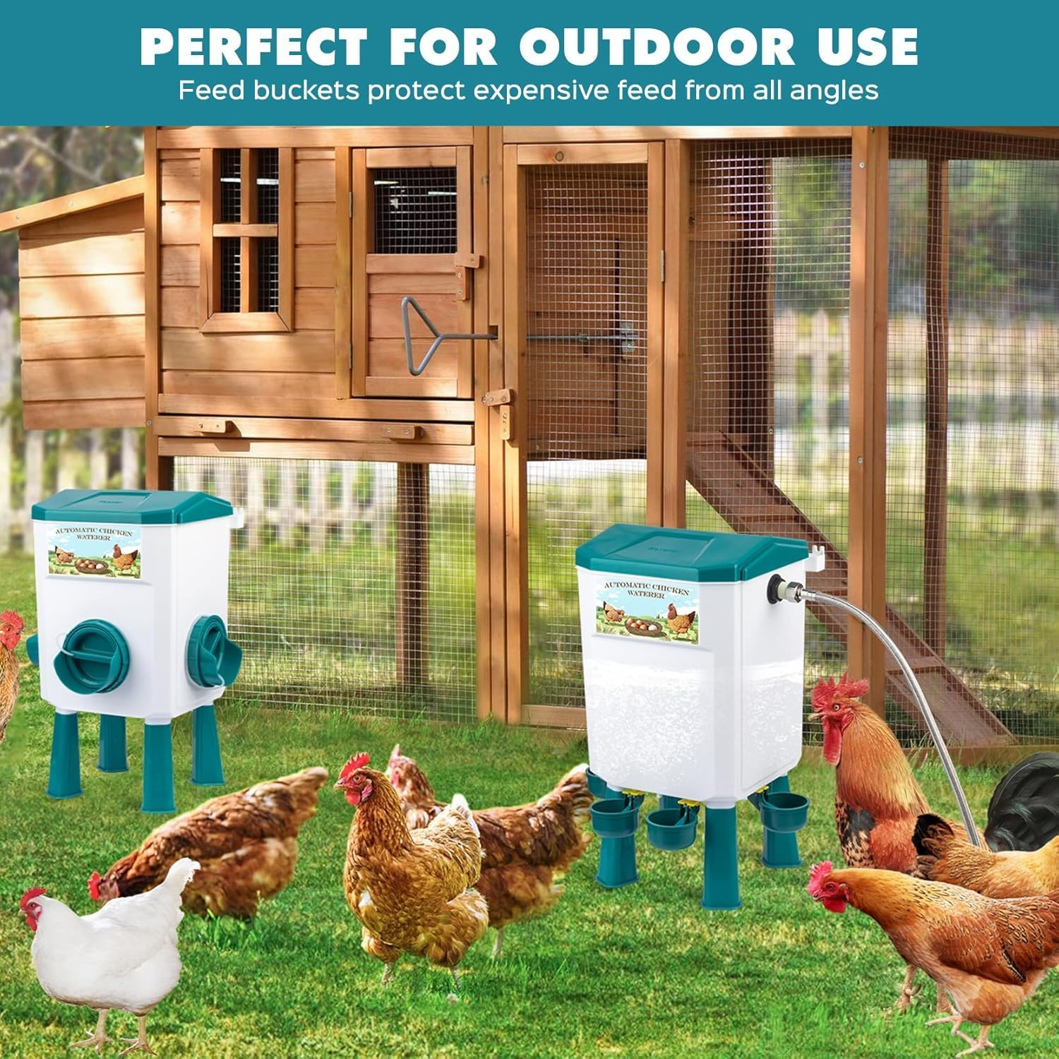 Automatic Chicken Waterer and Port Feeder Set,3 Gallon/25 Pounds,Free-Standing Chicken Waterer with Floating Controlle 12Kg / 11L Green image number 6
