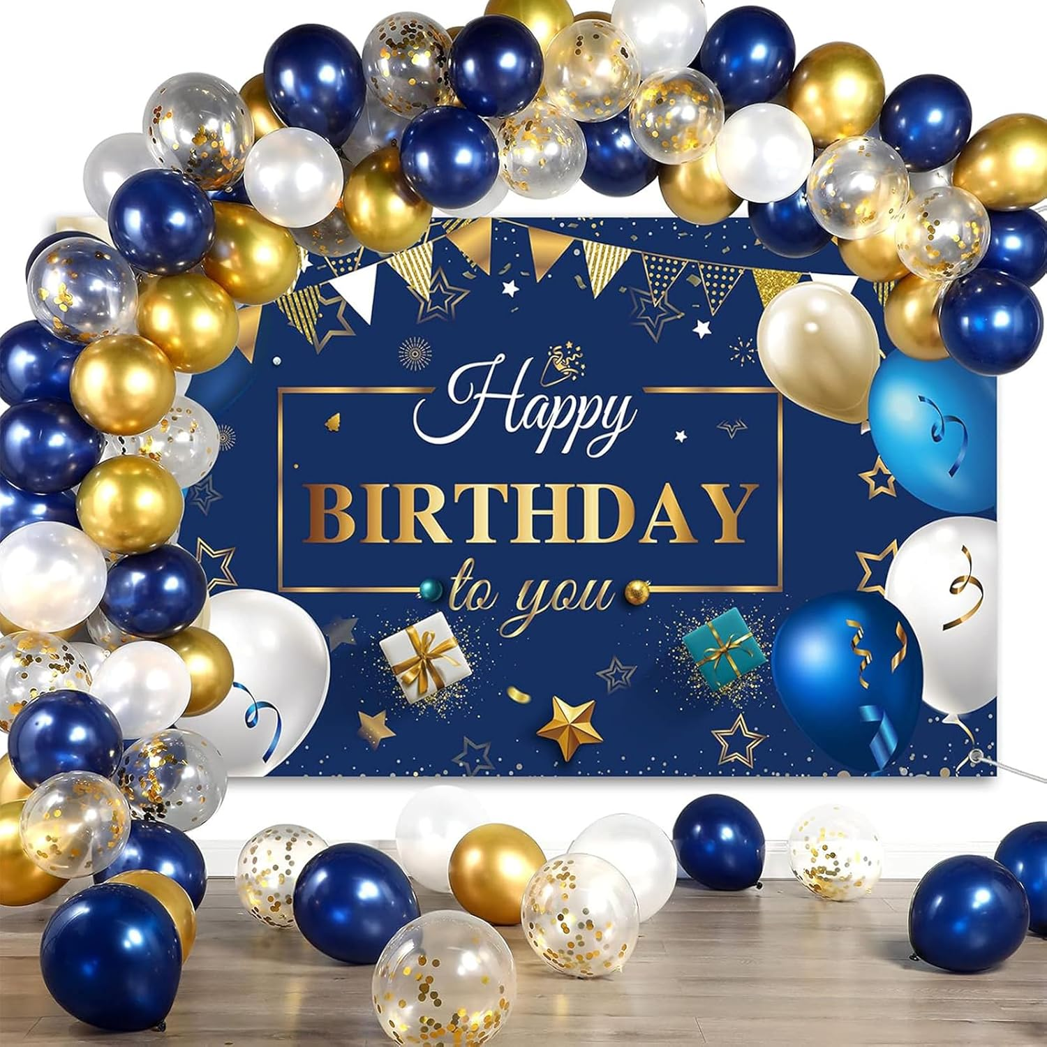 Navy Blue Birthday Confetti Balloons Kit, 50 Pieces Blue Happy Birthday Photography Backdrop Banner Package for Boys Girls Men Women Birthday Anniversary Party Decorations Supplies (Navy Blue, Gold) image number 4