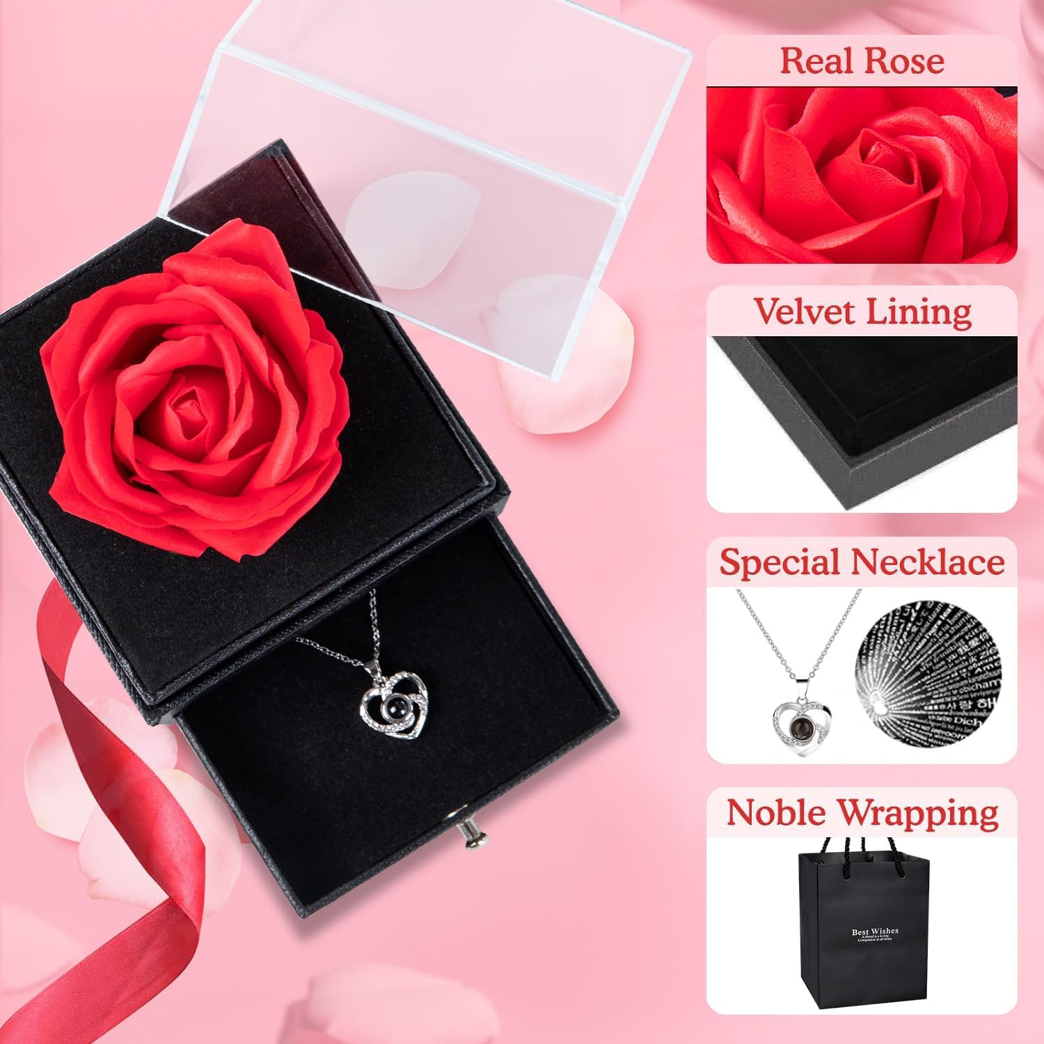 Preserved Red Real Rose with I Love You Necklace -Eternal Flowers Rose Gifts for Mom Wife Girlfriend Her on Anniversary Mothers Day Valentines Day Christmas Birthday Gifts for Women - Preserved Red Real Rose-D image number 4