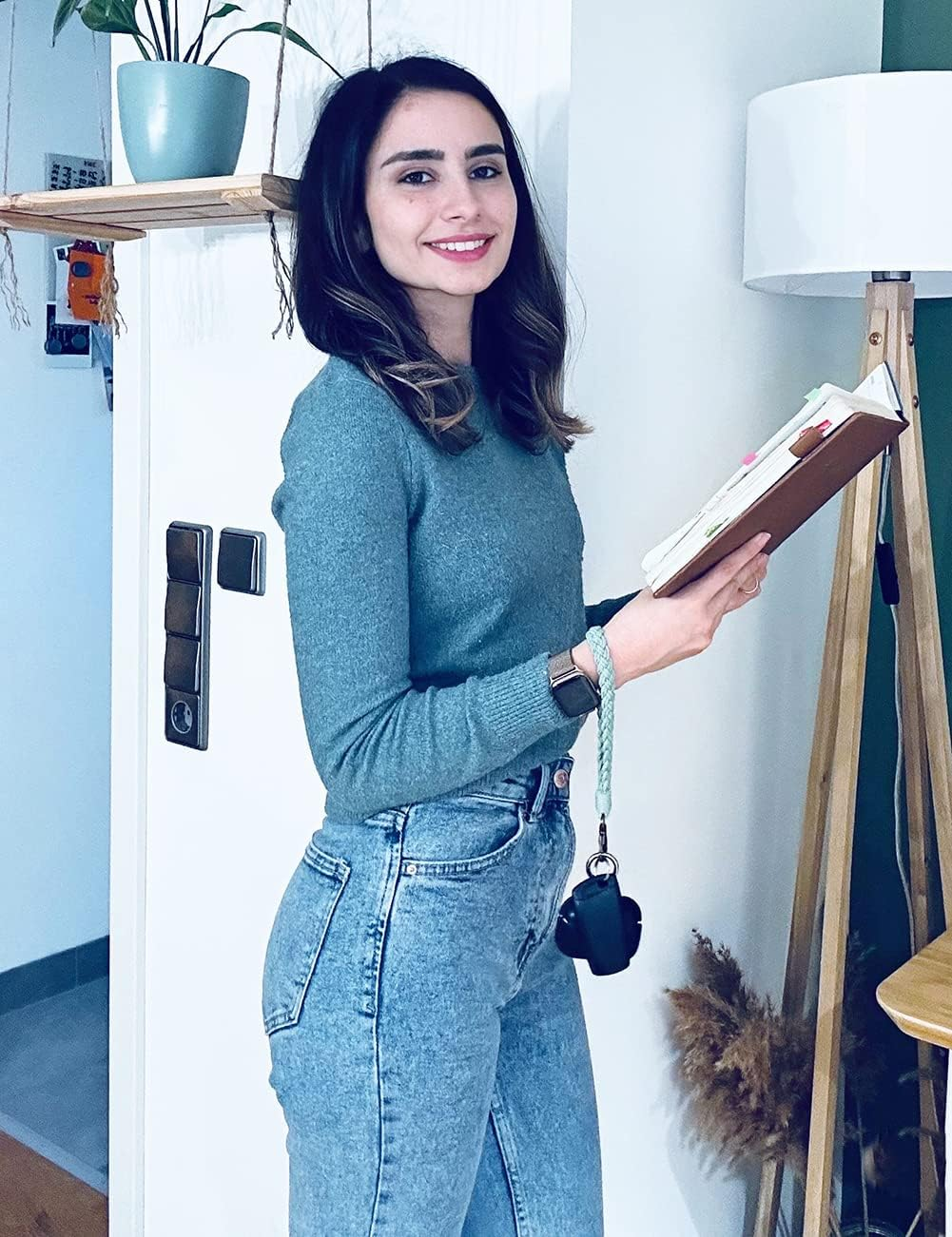 AOKSUNOVA Macrame Keychain Wristlet Strap for Key Hand Wrist Lanyard Key Chain Holder Handmade White Black image number 4