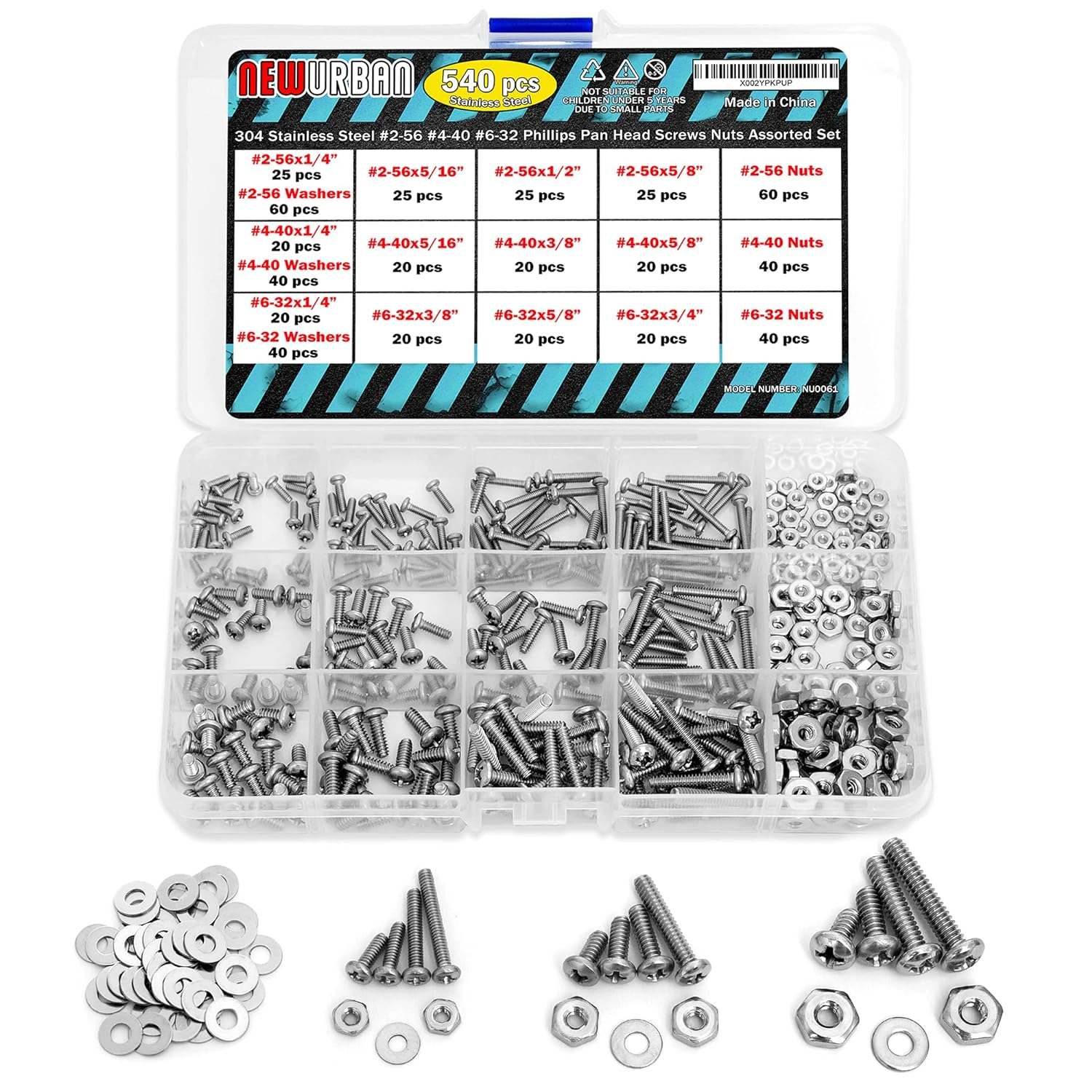 NEWURBAN - 540 Pcs #2-56#4-40#6-32 Phillips Pan Head Screws Bolt Nut Flat Washers 304 Stainless Steel image number 4