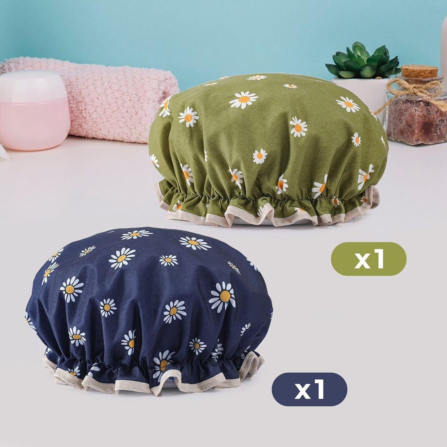 Pack of 2 Floral Printed Shower Cap, Women'S Shower Cap, Waterproof Shower Cap, Reusable Shower Cap, Shower Accessories image number 3