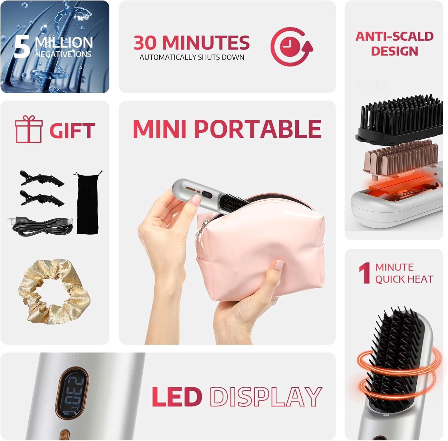 Top G Cordless Hair Straightener Brush Portable Mini Straightening Brush for Travel Upgraded 9600MAH USB Rechargeable Negative Ion Hot Comb Hair Straightener for Women(White) image number 6