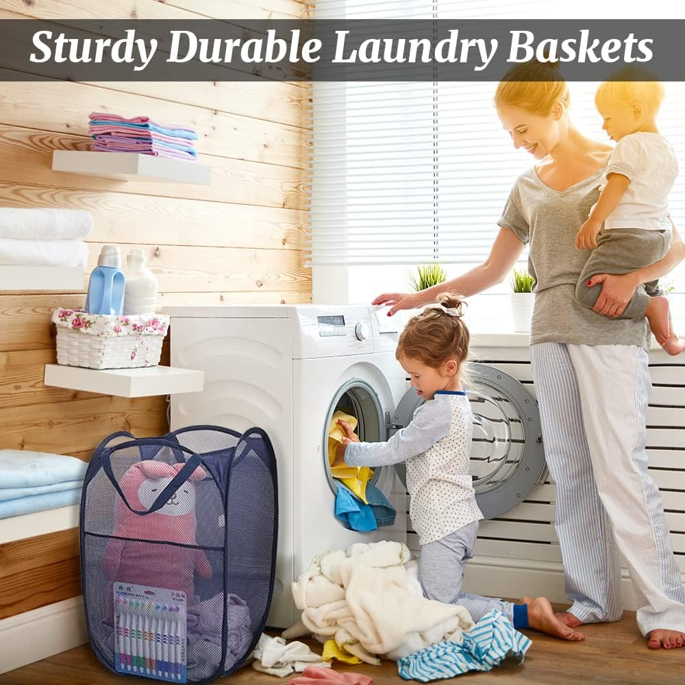 4Pcs Mesh Pop up Laundry Hamper, FHDUSRYO Foldable Pop up Hamper, Collapsible Laundry Basket with Carry Handles, Portable Dirty Clothes Basket with 4 Wash Bags, Mesh Hamper for Dorm Bedroom Travel
