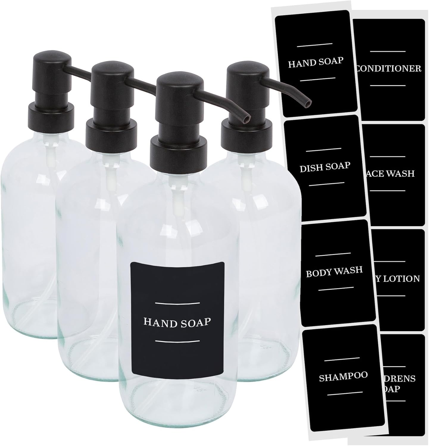 Harbour Housewares Glass Soap Dispensers with Labels - Amber/Black - 4 Pack - 500Ml Refillable Soap Dispensers Hand and Dish Liquid Pump for Bathroom, Kitchen, Laundry Room
