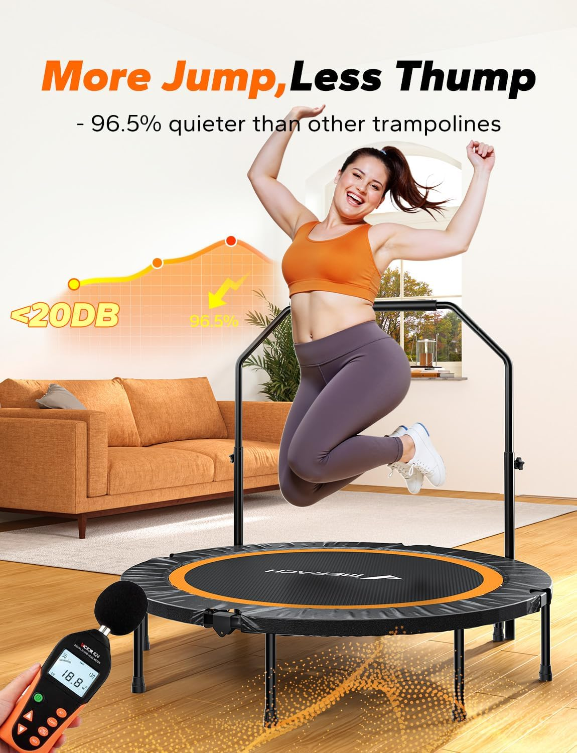 MERACH 48" Rebounder Mini Trampoline Adult, Fitness Trampolines Max Load 100KG with Adjustable Handle, Suitable Rebounder for Adults and Rebounder Trampoline for Kids Toddler Indoor/Outdoor Workout image number 2