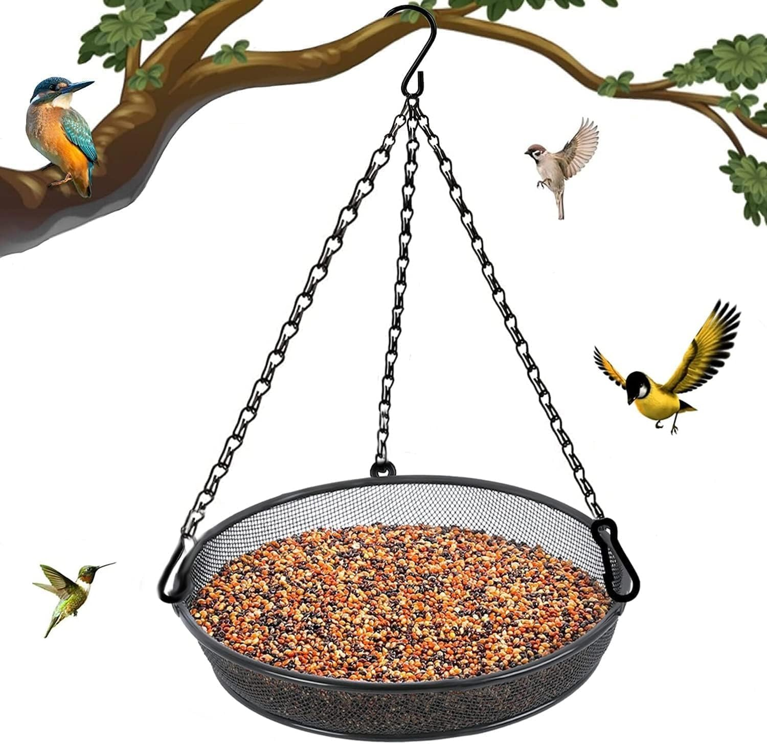 WADY 1Pcs Hanging Bird Feeder, Bird Feeder Hanging for Garden Yard outside Hanging Bird Feeder Tray Metal Mesh Platform Feeders for Birds Outdoor Garden Decoration (Black)