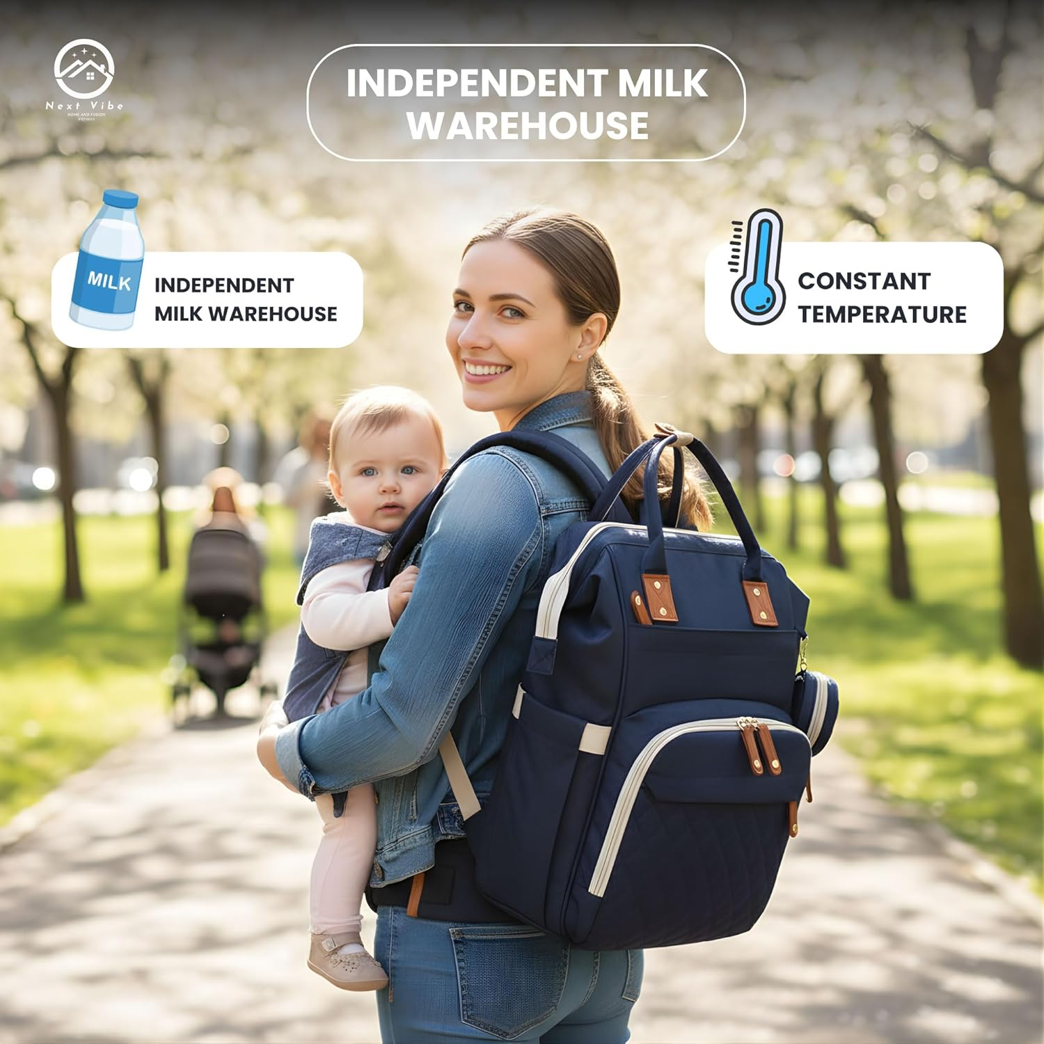 Next Vibe - (Blue) Nappy Changing Bag Baby Care Backpack with Multiple Pockets &ndash; Large Capacity Travel Diaper Bag for Mom & Dad &ndash; Waterproof, Stylish, and Durable Baby Essentials Organizer image number 6