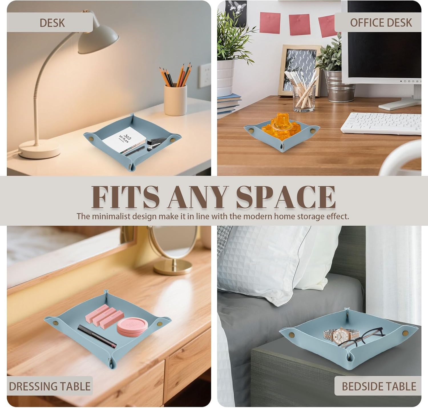 Sekonow 3 Pack Leather Valet Tray, 3 Sizes Catchall Tray Desk Organizer for Key Jewelry Trinket Watch Perfume Coin, for Entryway Table Nightstand Dresser Vanity Travel, Blue - Blue image number 3