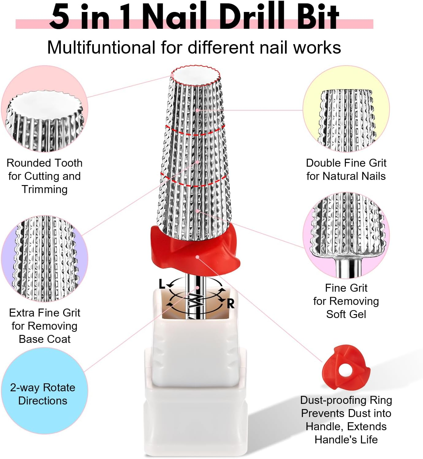 Makartt 5 in 1 Nail Drill Bits,3/32" Shank Tungsten Carbide Tapered Drill Bits for Nails Fast Removing Acrylic Nail Hard Gels Cuticle Professional Nail Efile Bit for Nail Drill Machine(Fine, Silver) image number 4