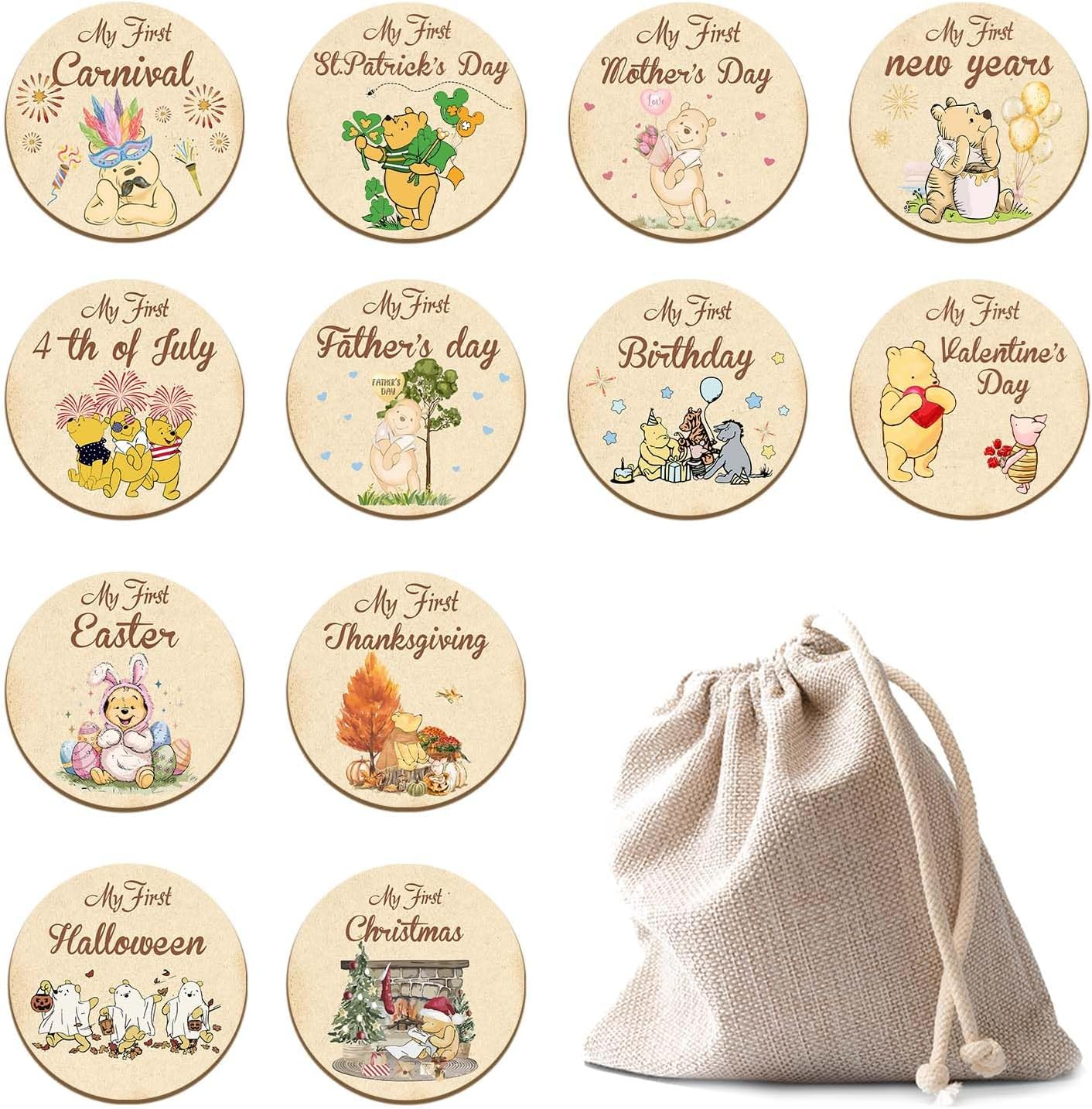 Alodr Winnie 6PCS My First Holiday Milestone Signs, Winnie My First Holiday Baby Milestone Wooden Double, the Pooh Deck Wooden Discs Announcement Sign,Winnie Gifts image number 4