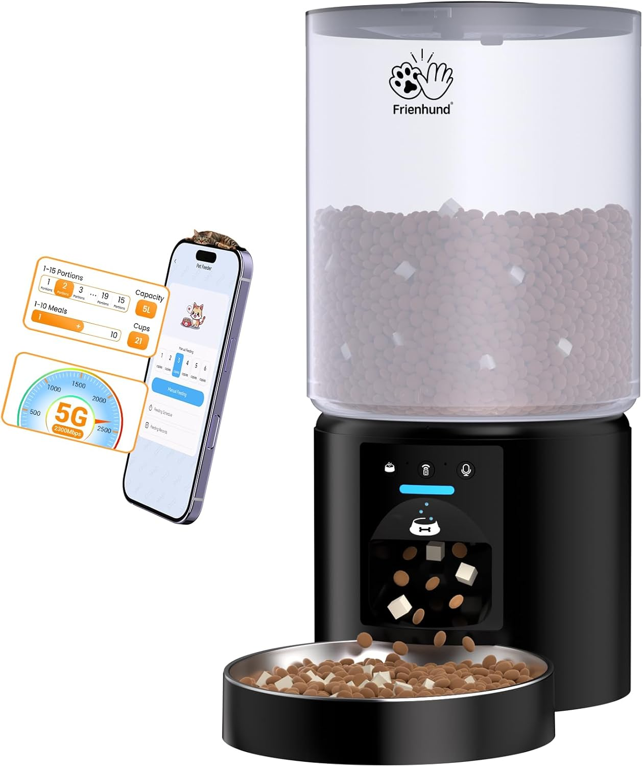Frienhund 5G Wifi Automatic Cat Feeder with Sealed Outlet: Automatic Dog Feeder with 5L Large Cat Food Storage Container, Timed Cat Food Dispenser for Multiple Pets, Detachable for Easy Clean - 21 Cup image number 5