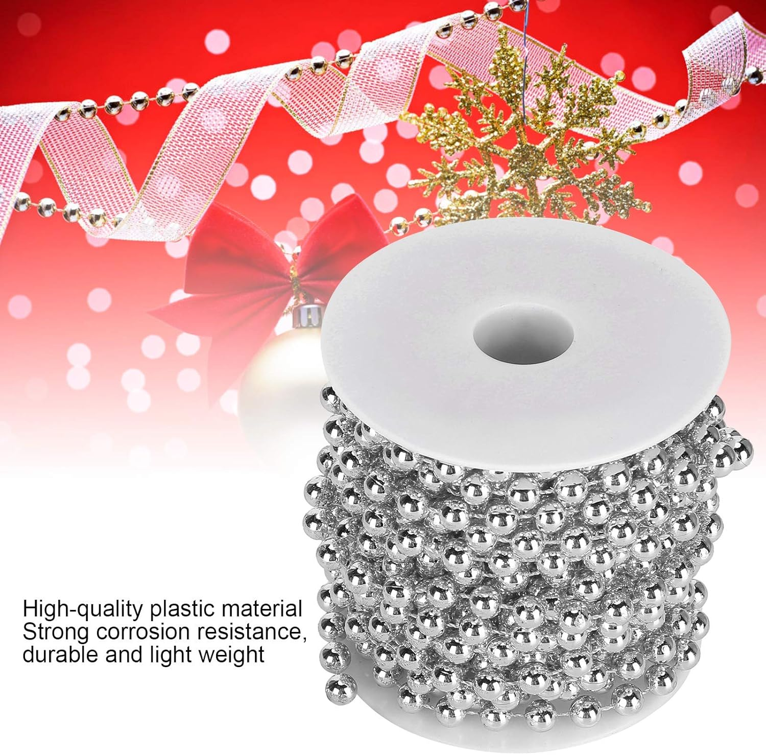 8Mm Silver Bead Hanging String, Silver Plastic Beads on String, Silvery Hanging Beads Garland for Christmas Decoration Wedding Party (10 Meter/Rollsilver) image number 1