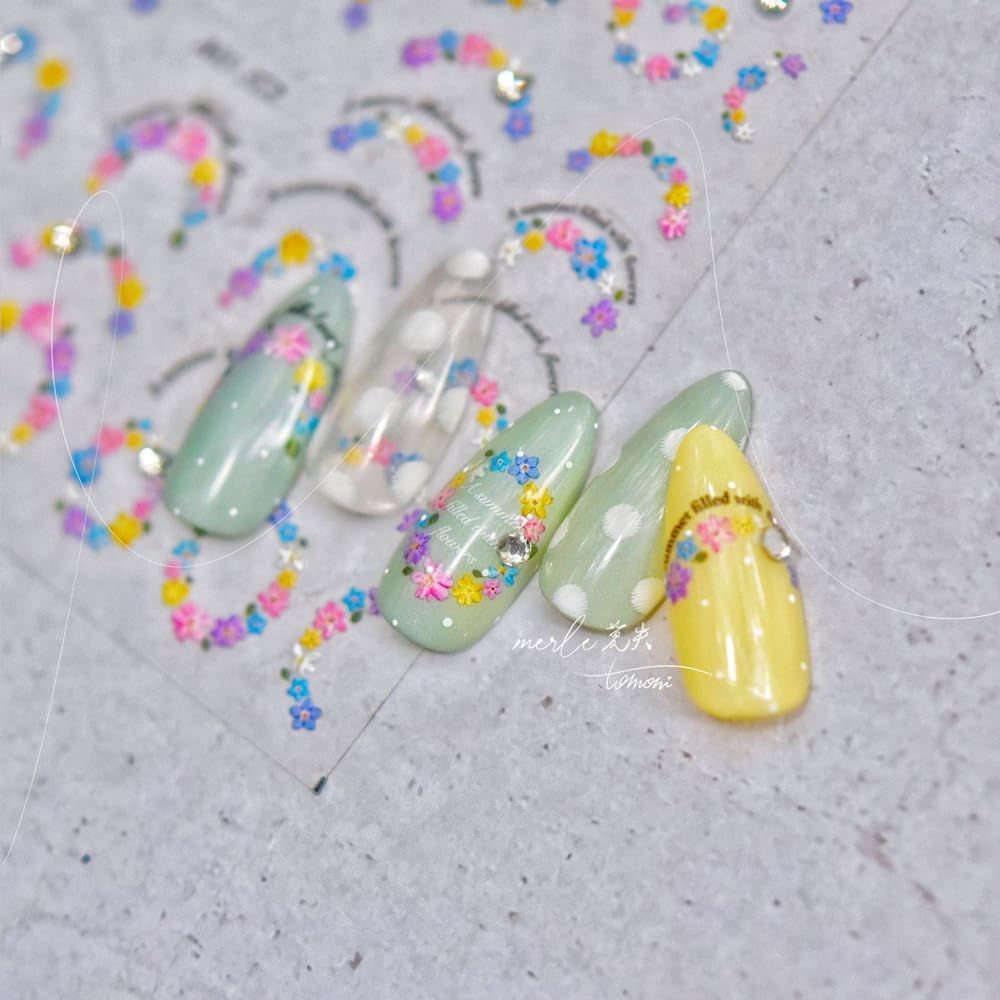 3Sheets 5D Nail Art Sticker Embossed French Pearls Flowers Sunflower Daisy Spring Self-Adhesive Nail Art Decal Supplies Stick Tip for Salon DIY Acrylic Nails Design (Flower) image number 2