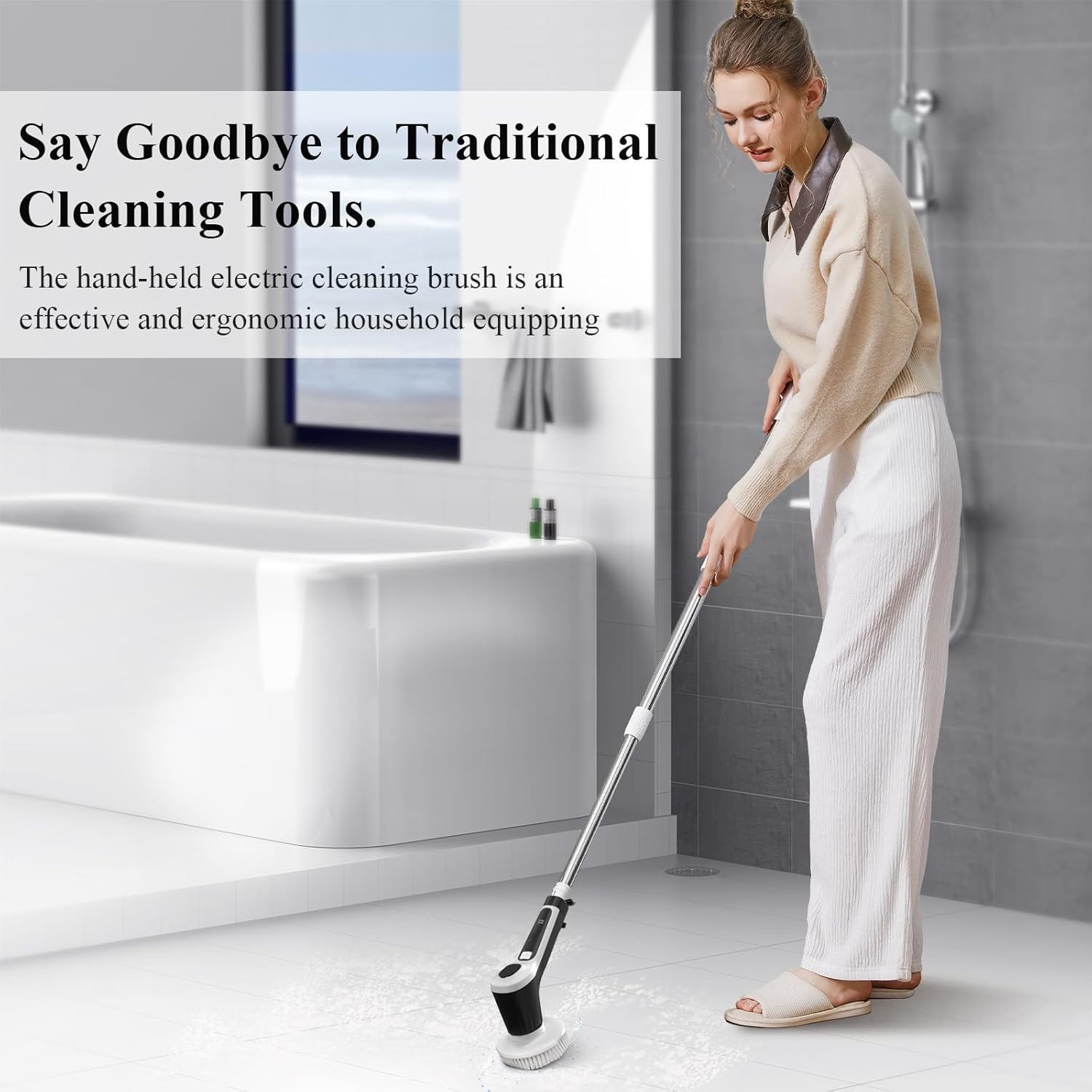 Minthouz Electric Spin Scrubber, Grout Cleaner Brush with 2 Speeds &6 Replaceable Brush Heads,Ip68 Waterproof,Battery Display,Adjustable Extension Handle for Bathroom Kitchen Tile Floor Tub[Black] image number 2