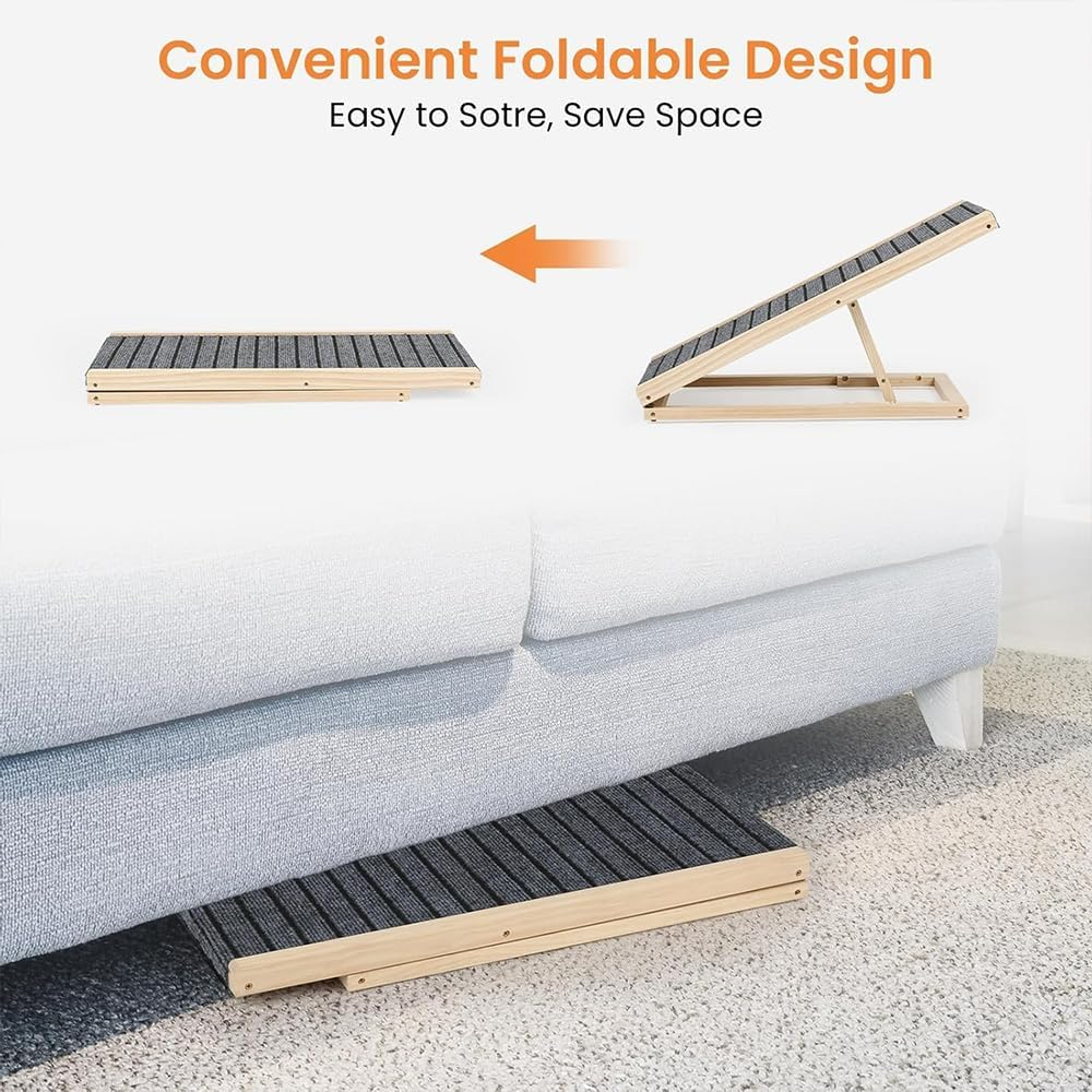 Adjustable Dog Ramp for Bed, Sofa & Car &ndash; Foldable Wooden Pet Ramp with Non-Slip Surface, 2 Height Levels, Portable Dog Stairs Alternative for Small, Medium & Large Dogs or Cats