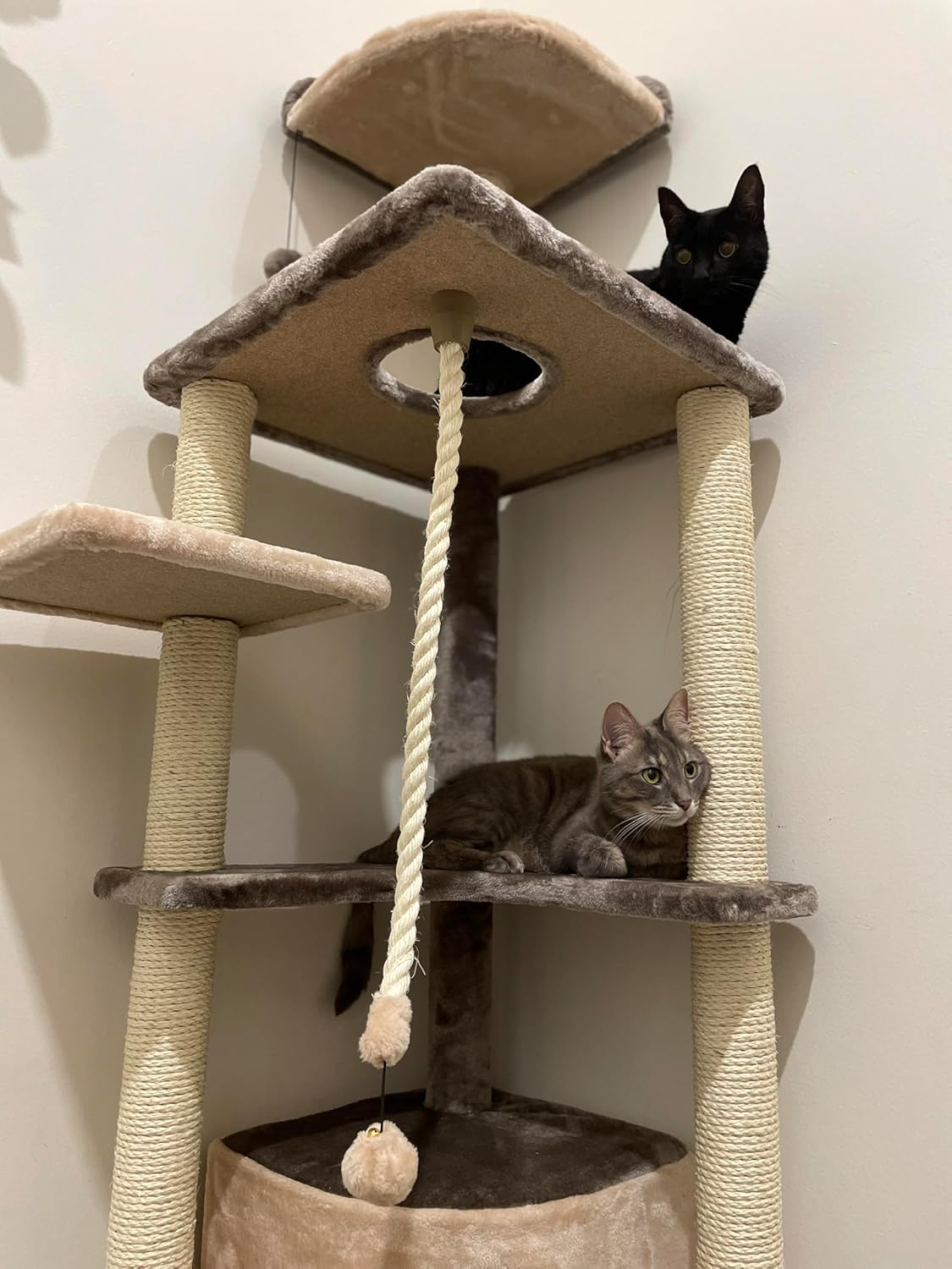 Cattitude Cat Scratch Playground Jungle Gym Brown, Brown, 156.5Cm Height - Cat House, Sisal, Hanging Pom Poms, Soft Plush Material, Multi-Level Cat Tree image number 2