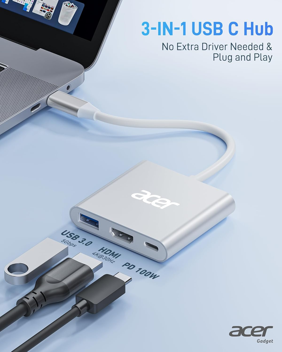 Acer USB C Hub 3-In-1 Adapter 4K HDMI Output USB 3.0 Port & 100W PD Charging Port, USB C Hub Compatible for Macbook Pro/Air, Ipad Pro/Air, Imac, Dell XPS, Steam Deck and More Type-C Devices - 03Grey image number 5