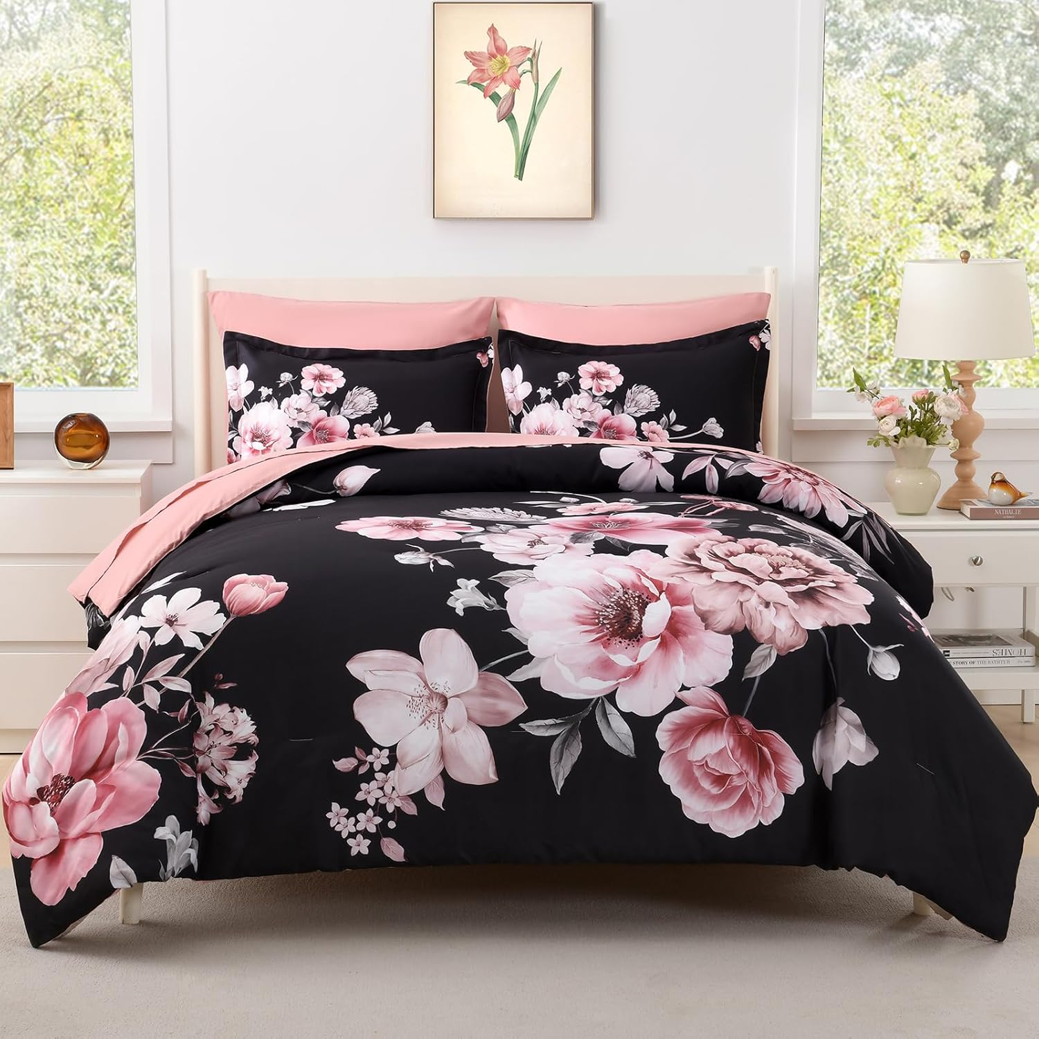 Floral Comforters Queen Size 7 Pieces Botanical Pink Bed in a Bag Ulter Soft Microfiber Bedding Set, Lightweight Bed Comforter Set with Sheets for All Season (Pink, Queen)