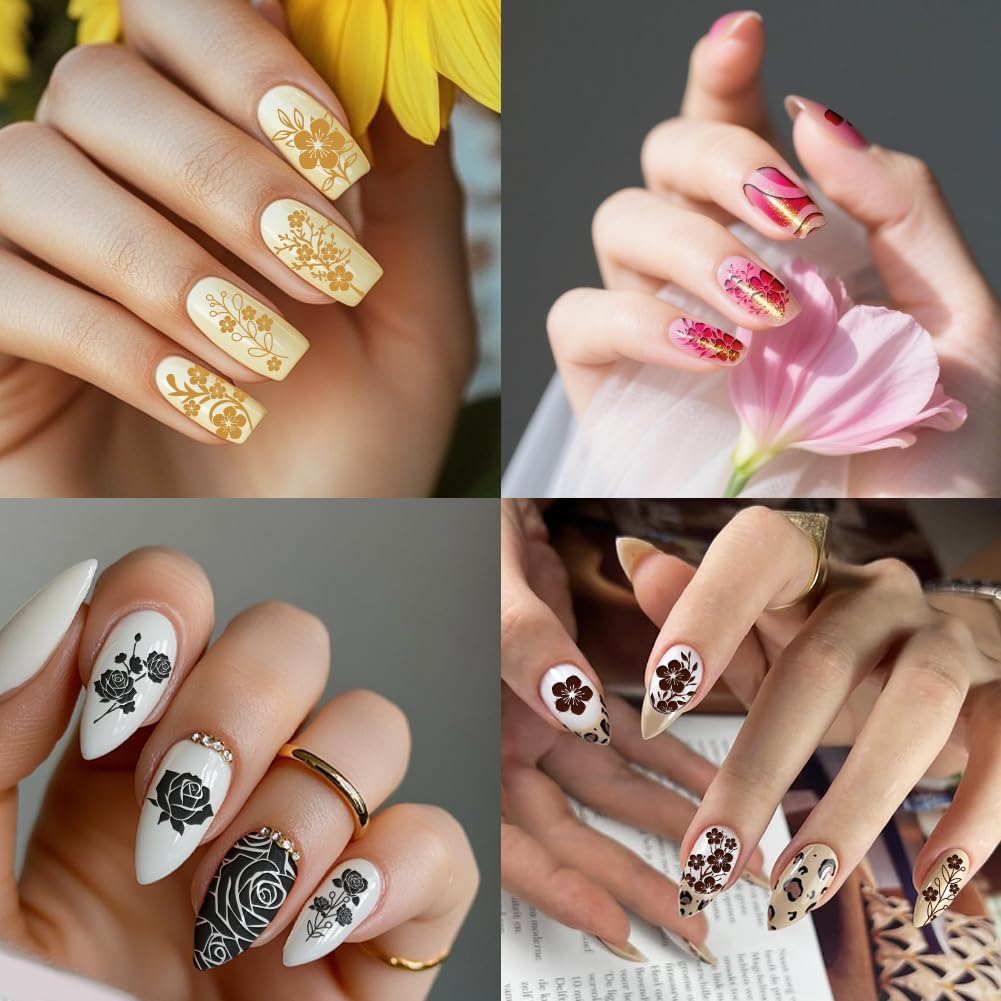 PH Pandahall 3Pcs Flower Branches Pattern Nail Stamp Plate Rose Pattern Nails Stencils Stainless Steel Nail Image Plate Flowers Print Art Template for Women DIY Printing 4.7X2.3 Inch image number 2