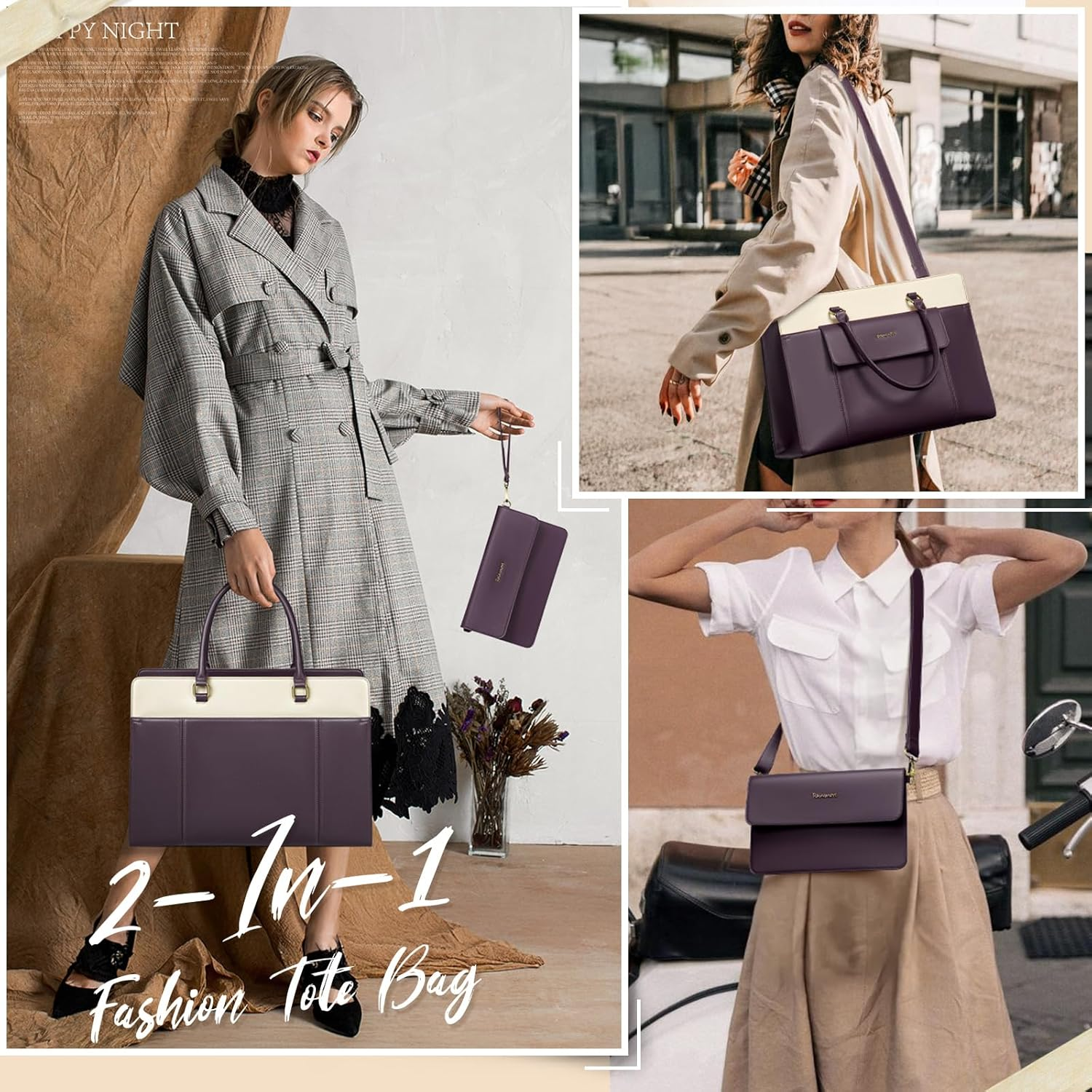 RAINSMORE Laptop Bag for Women 15.6 Inch with Clutch Purse, 15.6 Inch