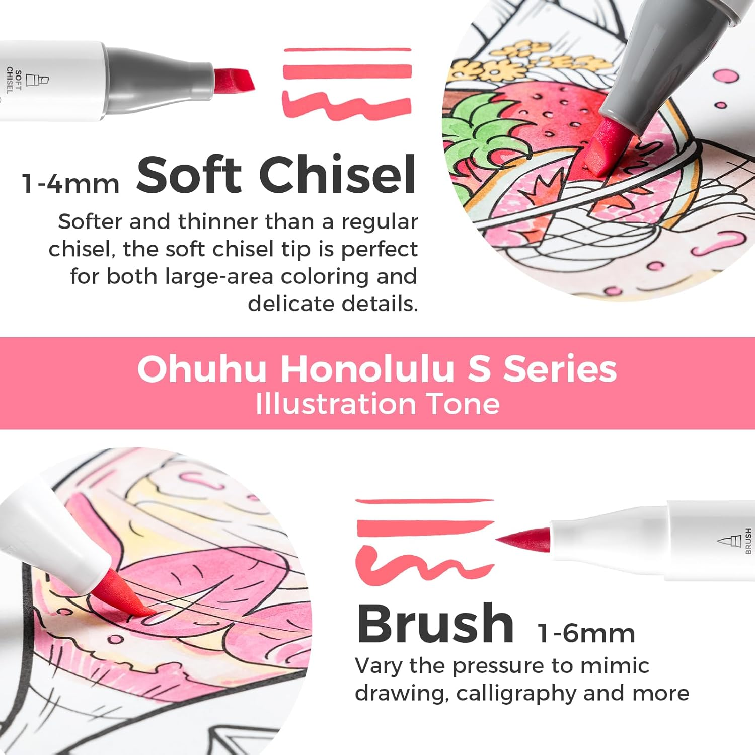 Ohuhu Alcohol Markers Brush Tip: Brush& Soft Chisel 60 Illustration Colors Dual Tips Alcohol-Based Art Marker Set for Artist Adults Coloring Illustrations- Honolulu S- Refillable image number 5