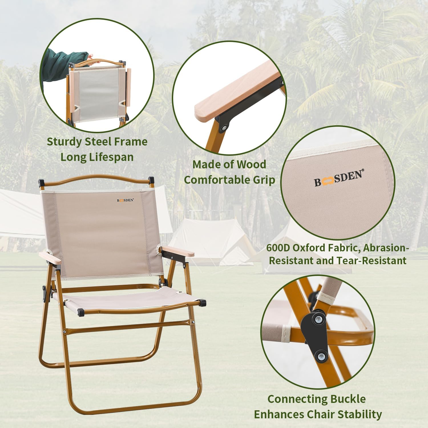 BOOSDEN Portable Camping Chairs 2 Pack, Folding Beach Chairs for Adults, Outdoor Chairs Folding with Wood Handle, Collapsible Chair for Camping, Hiking, Tailgates, Picnic, Beach, and Sports