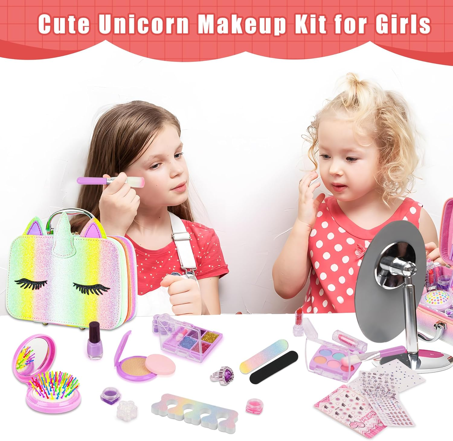 Kids Washable Makeup Girl Toys, Real Make up Set, Little Girls Makeup Kit with Unicorn Bag for Toddler Kid Children Princess, Christmas Birthday Gift Toys for Girl 5 6 78 9 10 Year Old