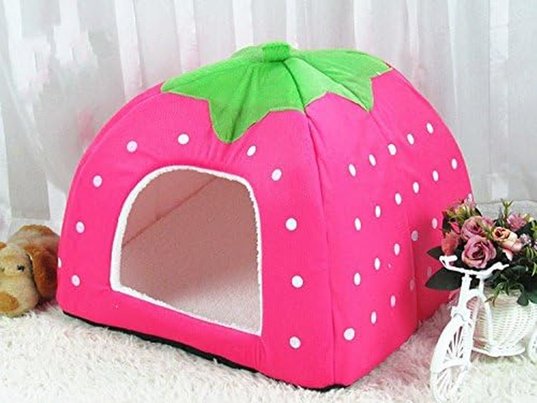 Wowowmeow Foldable Pet Strawberry Warm Fleece House Bed Cage Cave for Dogs, Cats, Rabbits and Small Animals (S, Pink)