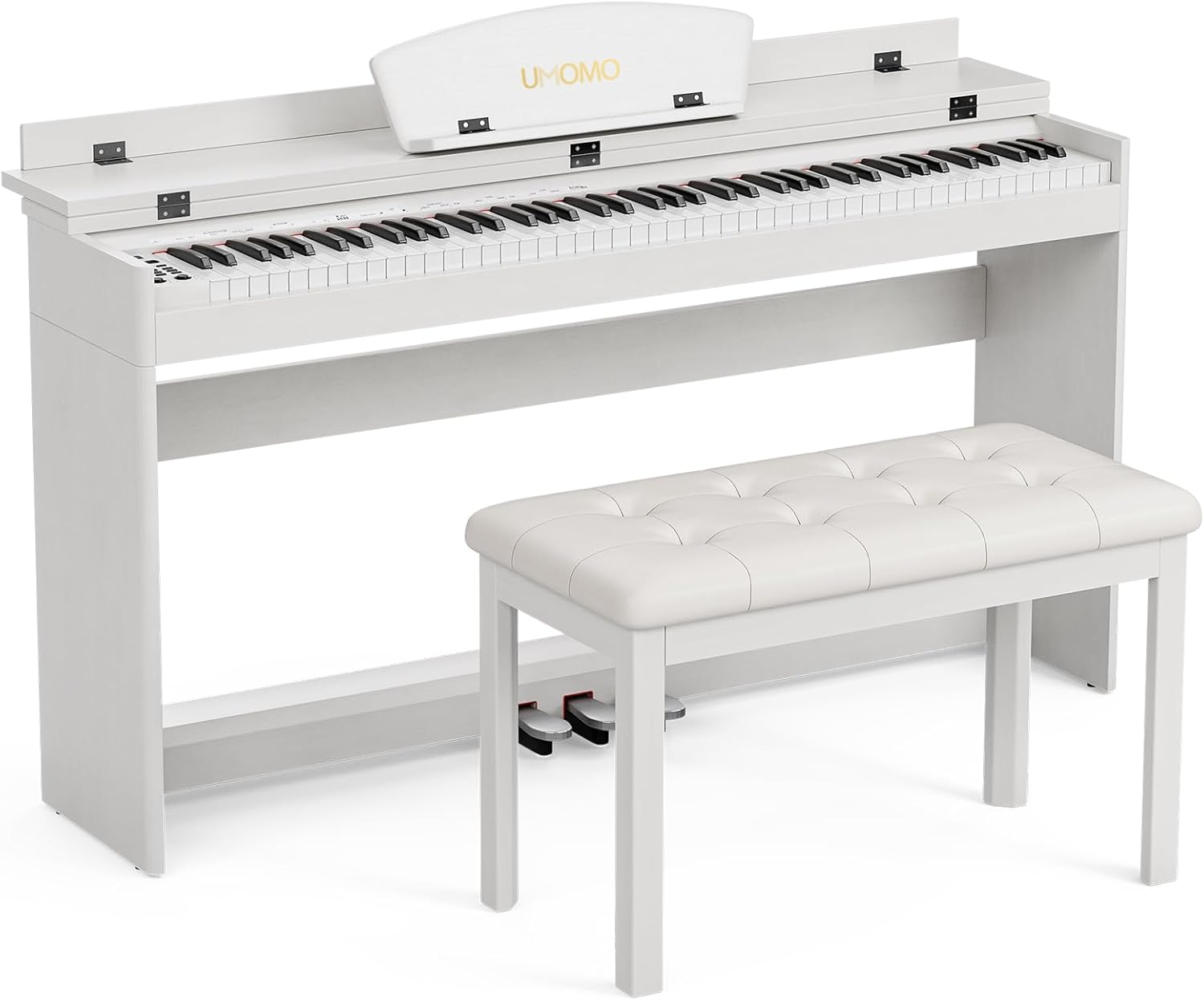 UMOMO U-710 Digital Piano with Duet Bench, 88 Key Electric Piano for Beginner/Adults with Padded Piano Bench+Music Stand+Power Adapter+3-Pedal Board+Instruction Book+Headphone Jack, White