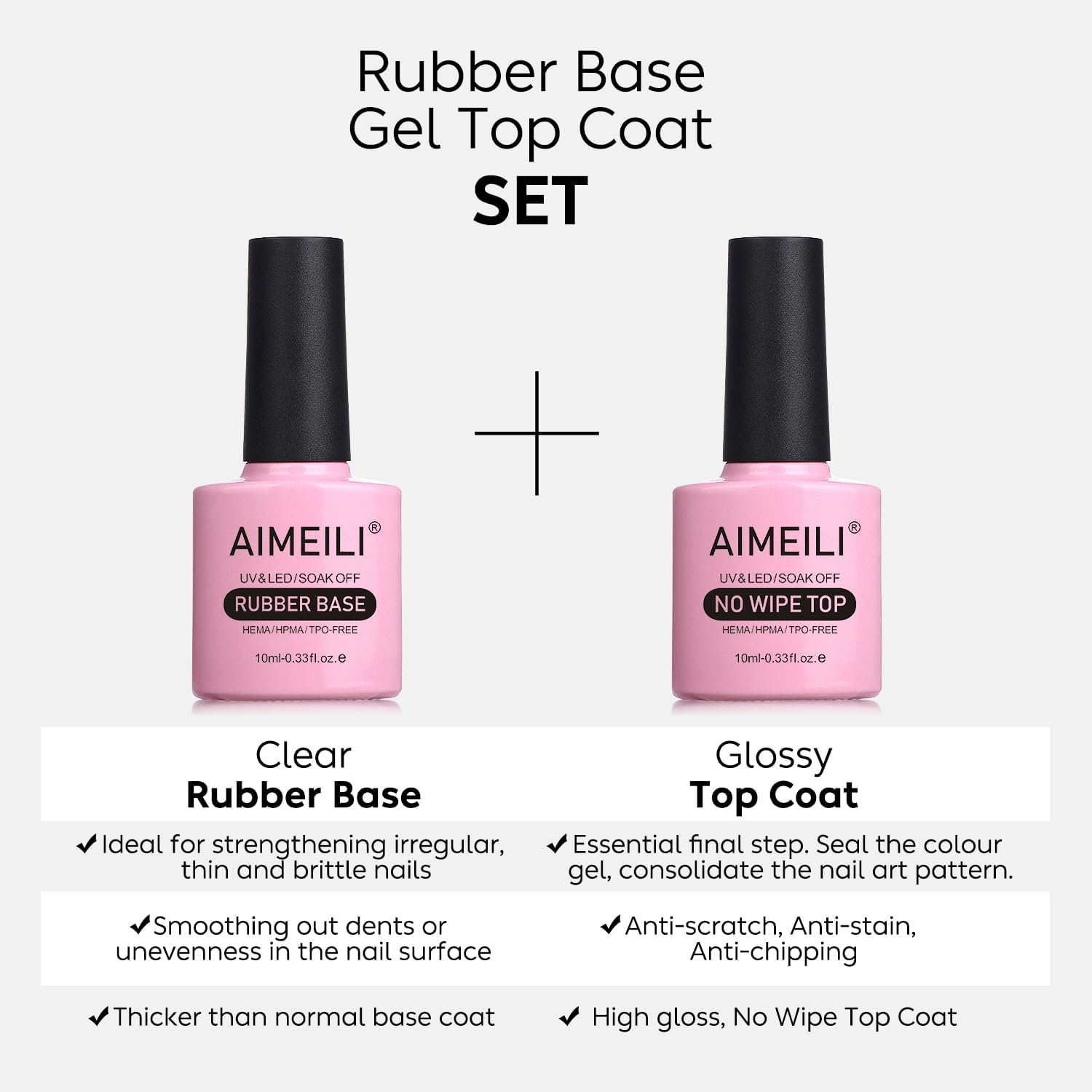 AIMEILI Rubber Base and No Wipe Top Coat Kit Set 10Ml Hema Free Gel Nail Polish Soak off U V LED 2 Bottles Kit image number 3