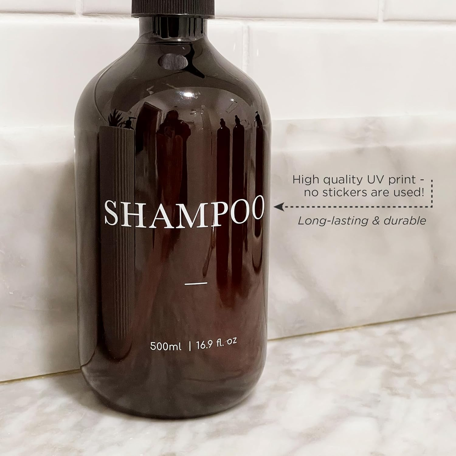 3 Piece AMBER 500Ml Bathroom Refillable Pump Bottles - Shampoo, Conditioner, Body Wash Refillable Bottles - UV Printed, Bpa-Free Brown Bottles with Black Pump - 500Ml | 16.9 Fl. Oz. image number 2