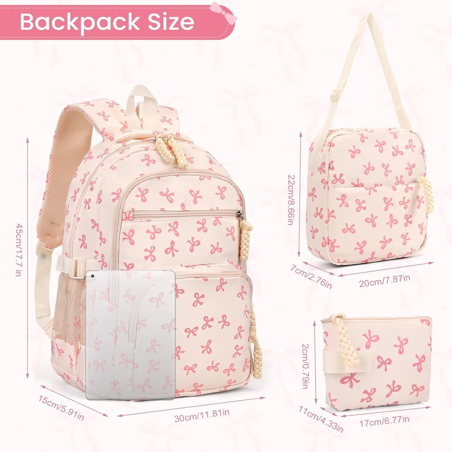 3PCS Bow School Bags for Girls, Cute Bows Backpack Set for School, Girls School Bag and Lunch Box Set, Kawaii Rucksack for Teenage Secondary Primary Middle School - A2 Bow Blue image number 3