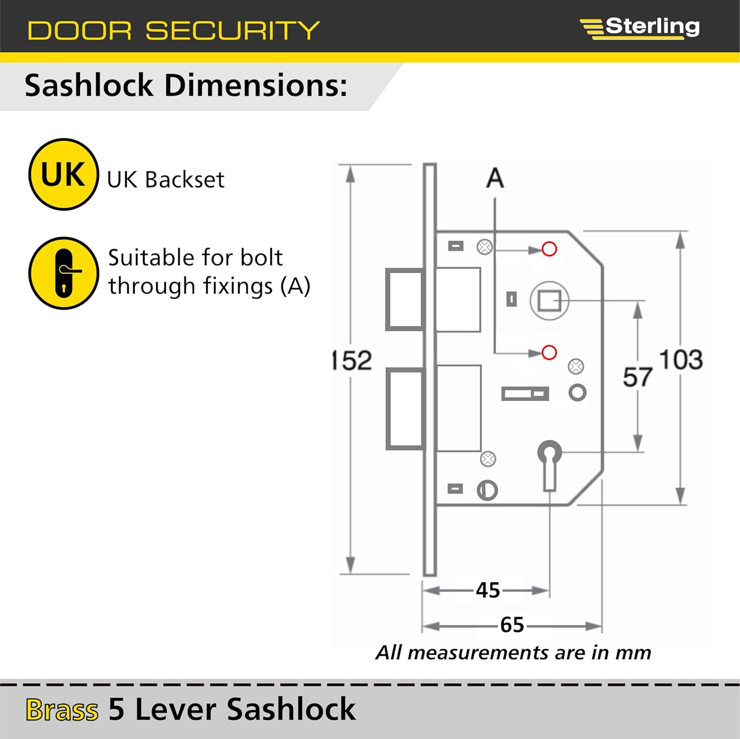 Sterling MLS525 2.5-Inch/65Mm 5-Lever Sashlock - Brass image number 3