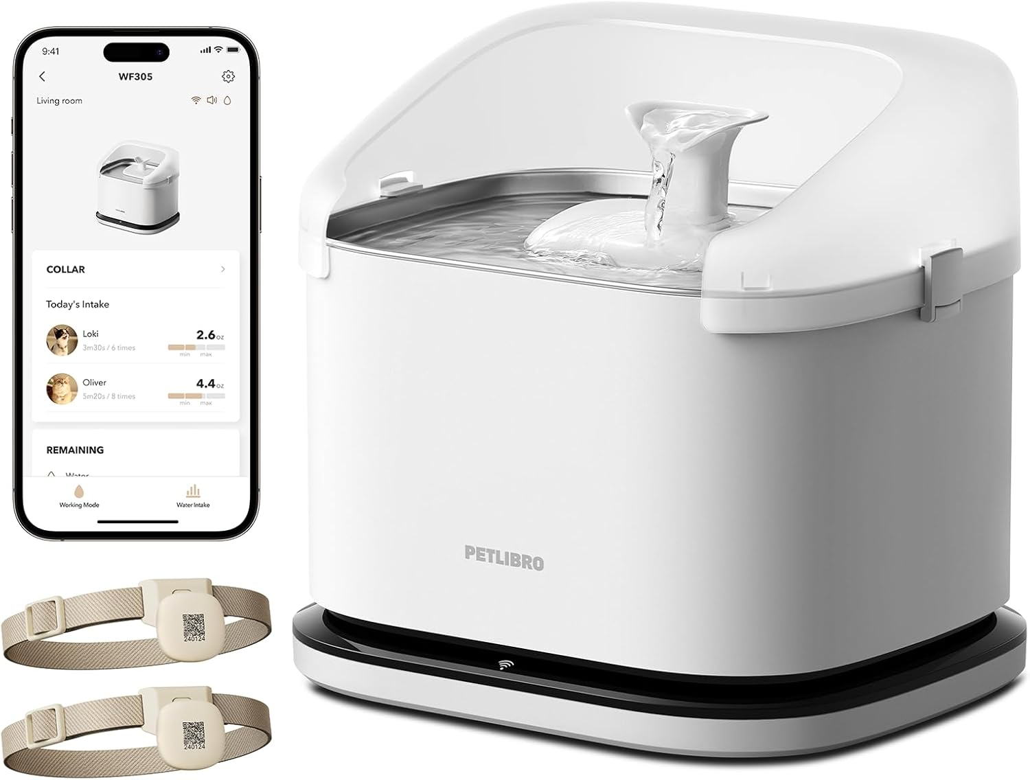 PETLIBRO Cats Water Fountain for Multi Cats, Cat Fountain with RFID Recognition Each Pet, 3L/101Oz Pump-Free Cat Water Fountain Stainless Steel Tray, 2.4G Wi-Fi APP Pet Water Fountain X2 Collar Tags