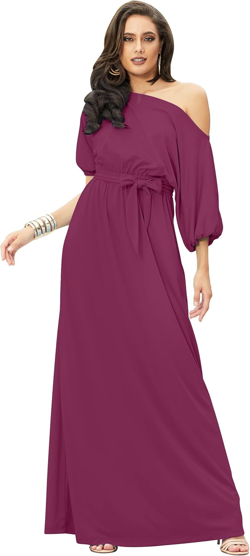 KOH KOH Womens Long Sexy One Shoulder Flowy Casual 3/4 Short Sleeve Maxi Dress