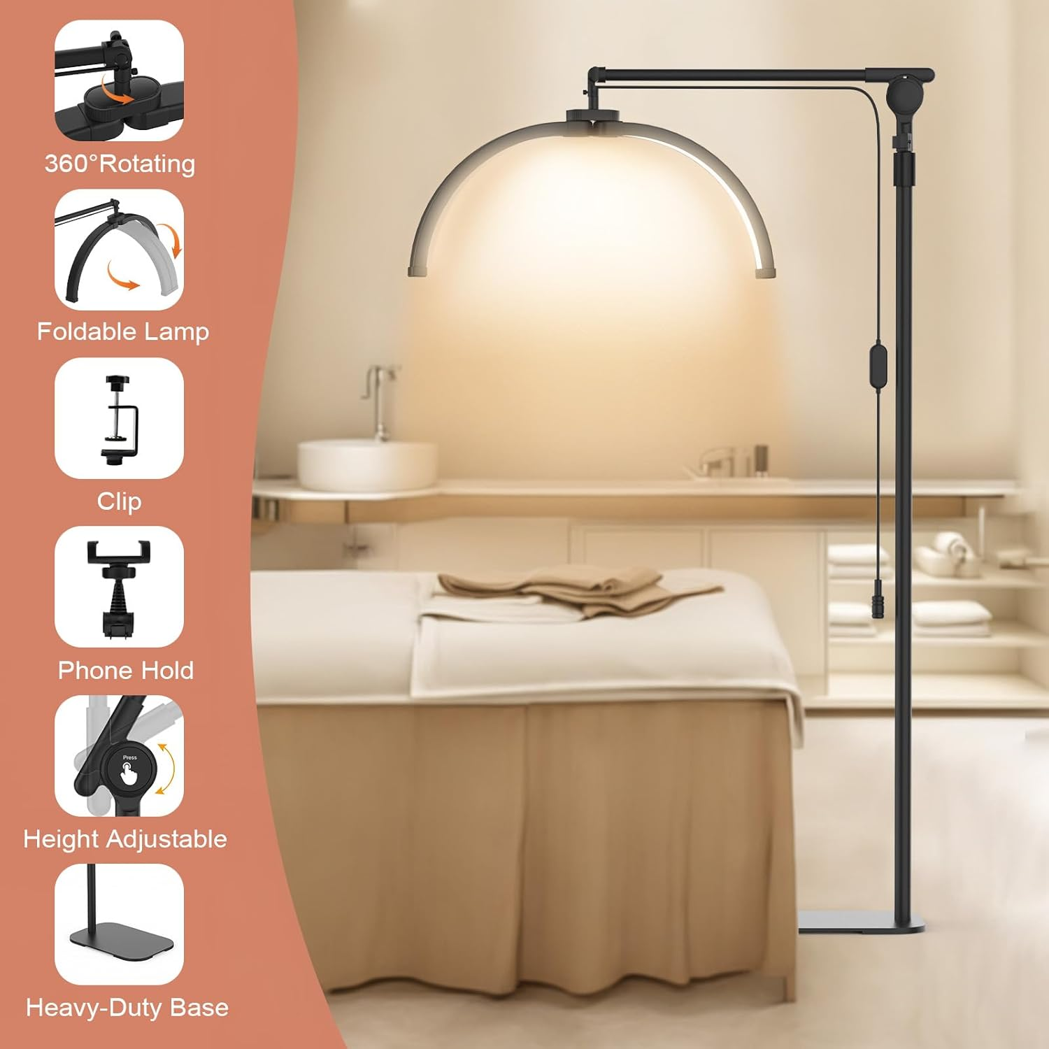 Advwin Lash Light, Half Moon Floor Fill Lamp 2-In-1 Led Desk Lamp with Phone Holder, Rotatable Standing Floor Estheticians Light for Tattoo Salon Eyelash image number 5