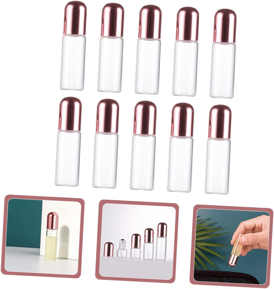 FOMIYES 5Ml Rose Gold Cap Glass Roller Bottles Set of 10 Refillable Essential Oil Roll on Bottles Stainless Steel Balls for Travel Aromatherapy