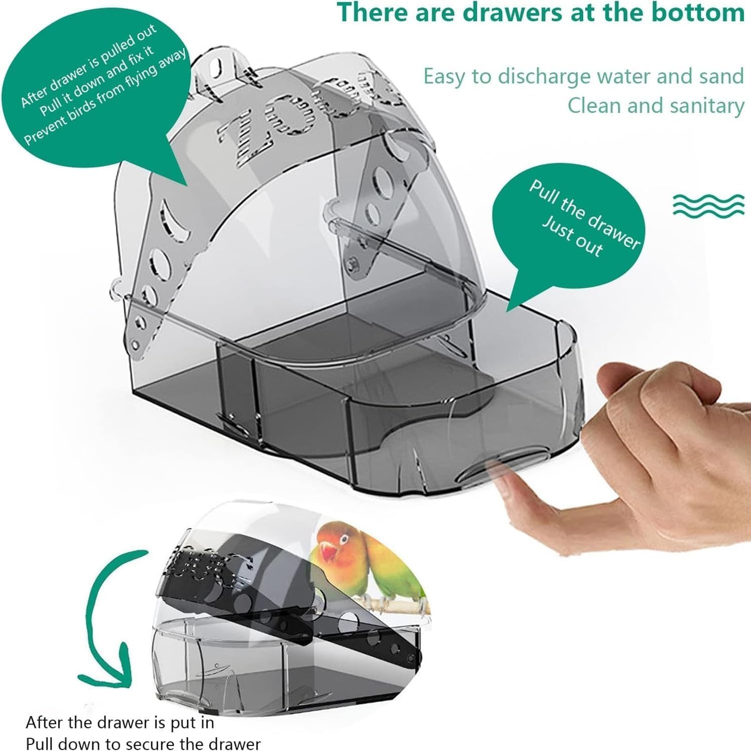 1Pcs Bird Bath Cage, Cockatiel Bird Bath Bird Bath Cage, Cleaning Pet Supplies Bird Clean Bathtub with Hanging Hooks and Bottom Drawer, Bird Shower with Convenient Removable Tray (Transparent) image number 5