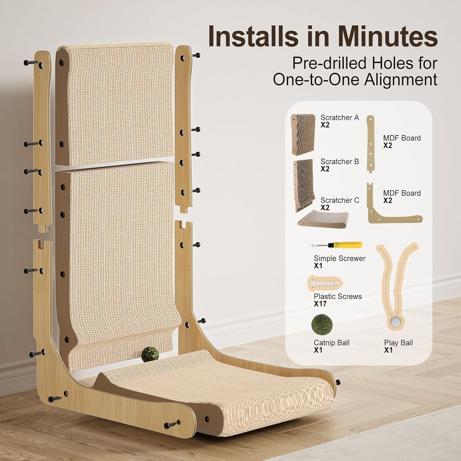 Gimars L Shape 68Cm Cat Scratcher, Cat Scratching Board with Plush & Catnip Balls, Large Size Cat Cardboard Scratcher Wall Mounted for Indoor, Cat Toys for Protecting Furniture (Wood) image number 6