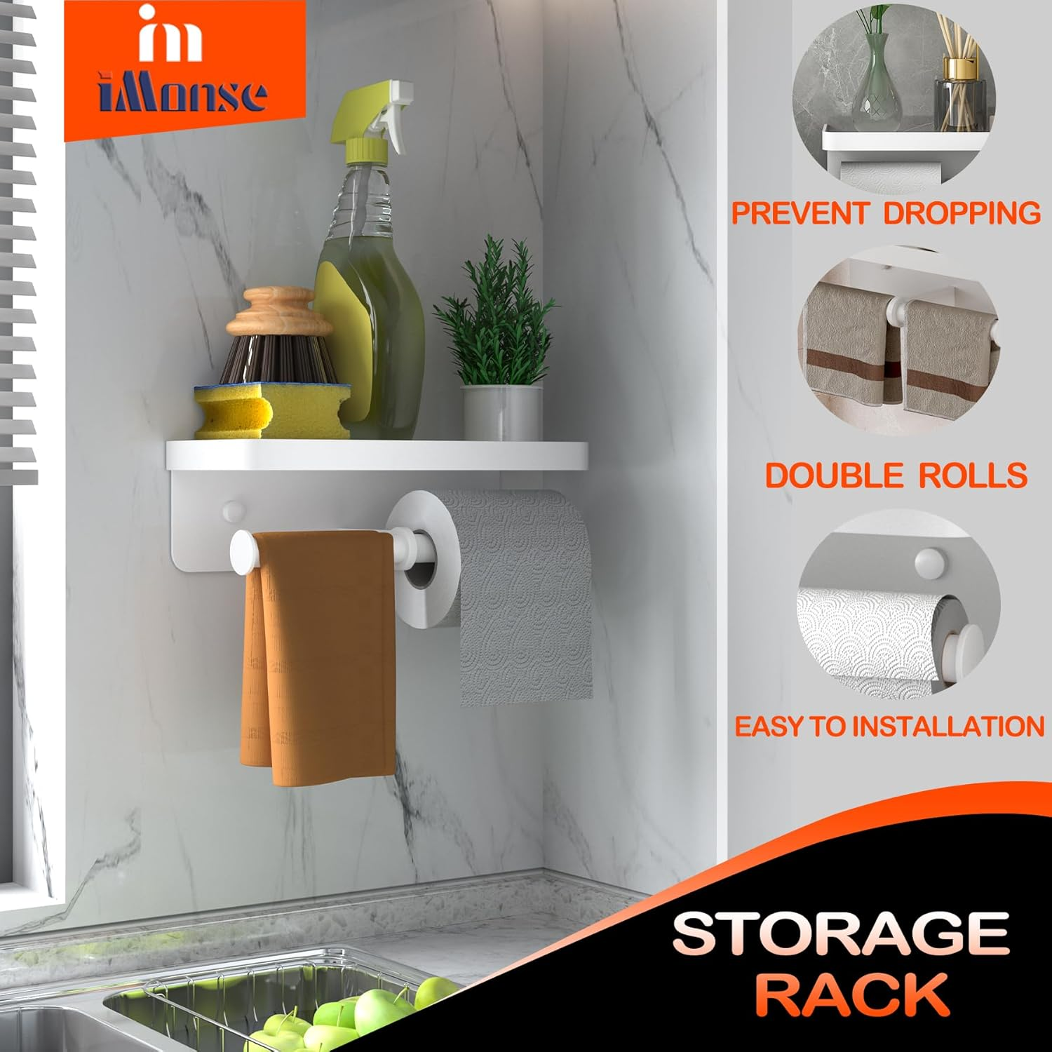 Double Toilet Paper Holder with Shelf, Imonse Paper Towel Holder Wall Mount,Tissue Roll Holder for Bathroom Kitchen RV, Double Tissue Roll Rack with Adhesive & Screw (White) image number 5