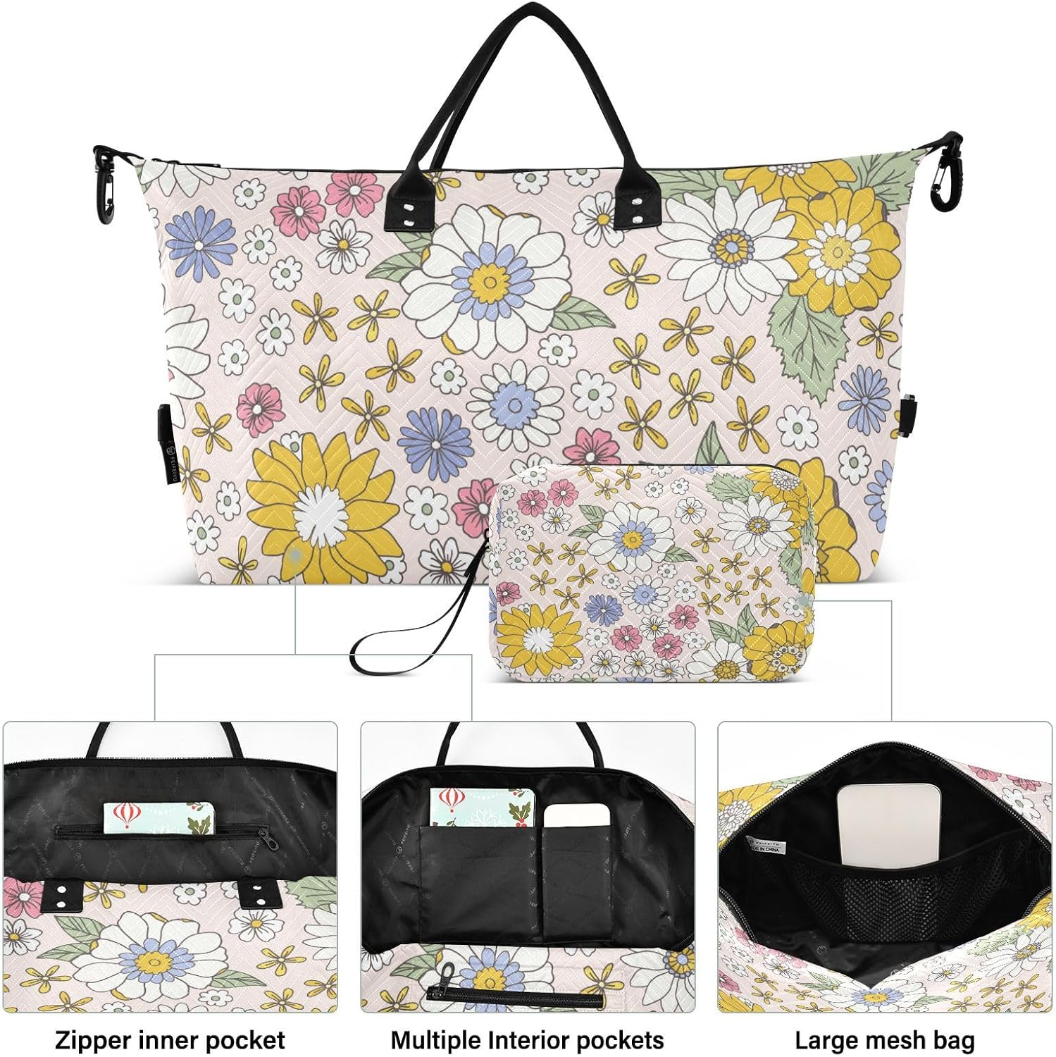 Travel Tote Bag Travel Weekender Gear Bag Floral Vintage Scandinavian Gym Bag with Adjustable Strap for Trekking, Floral Vintage Scandinavian, Set of 2, Art Deco image number 6