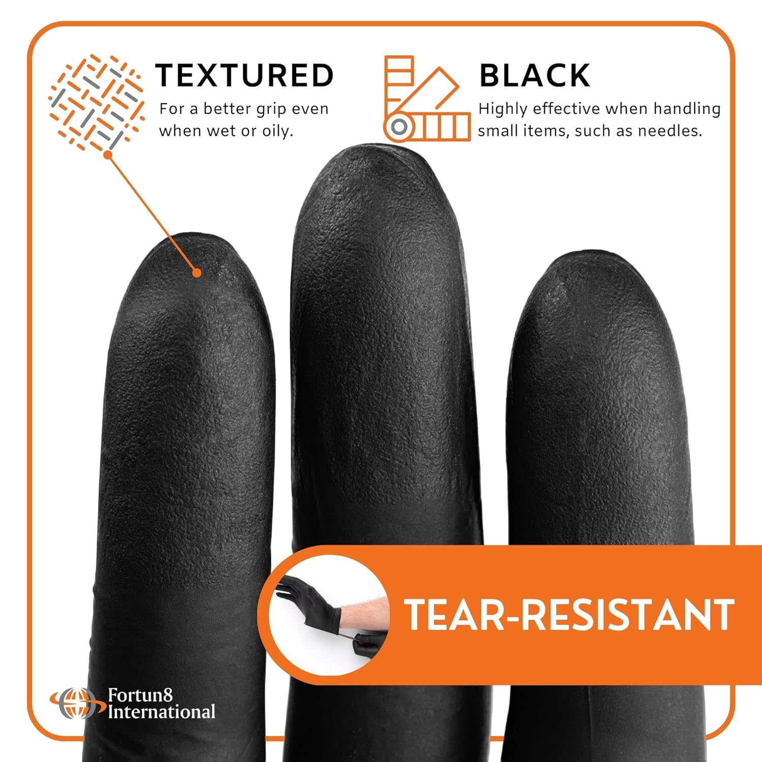 F8 Disposable Nitrile Examination Gloves, Size LARGE and BLACK, Latex & Powder Free, Multipurpose, Non Sterile, Extra Strong, Textured, Protection against Bacteria, Ambidextrous, Easy Fit